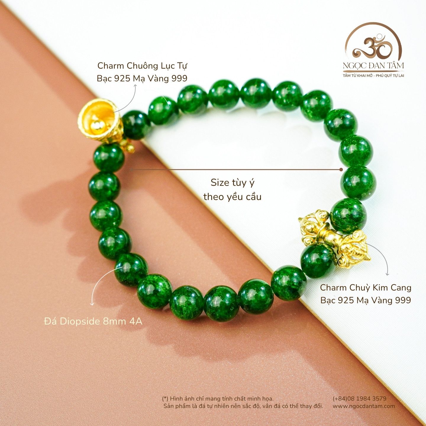  Vòng Tay Diopside Phối Charm Chuông Lục Tự Và Chùy Kim Cang 8mm 4A 