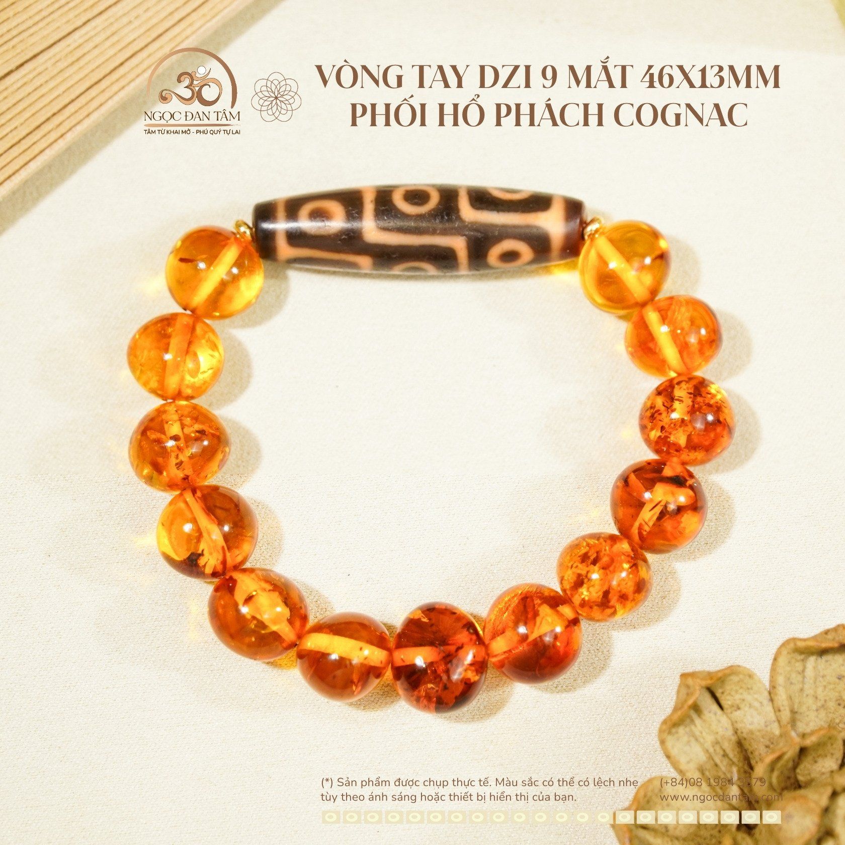 Vòng Tay Dzi 9 Mắt 46x13mm Phối Hổ Phách Cognac 