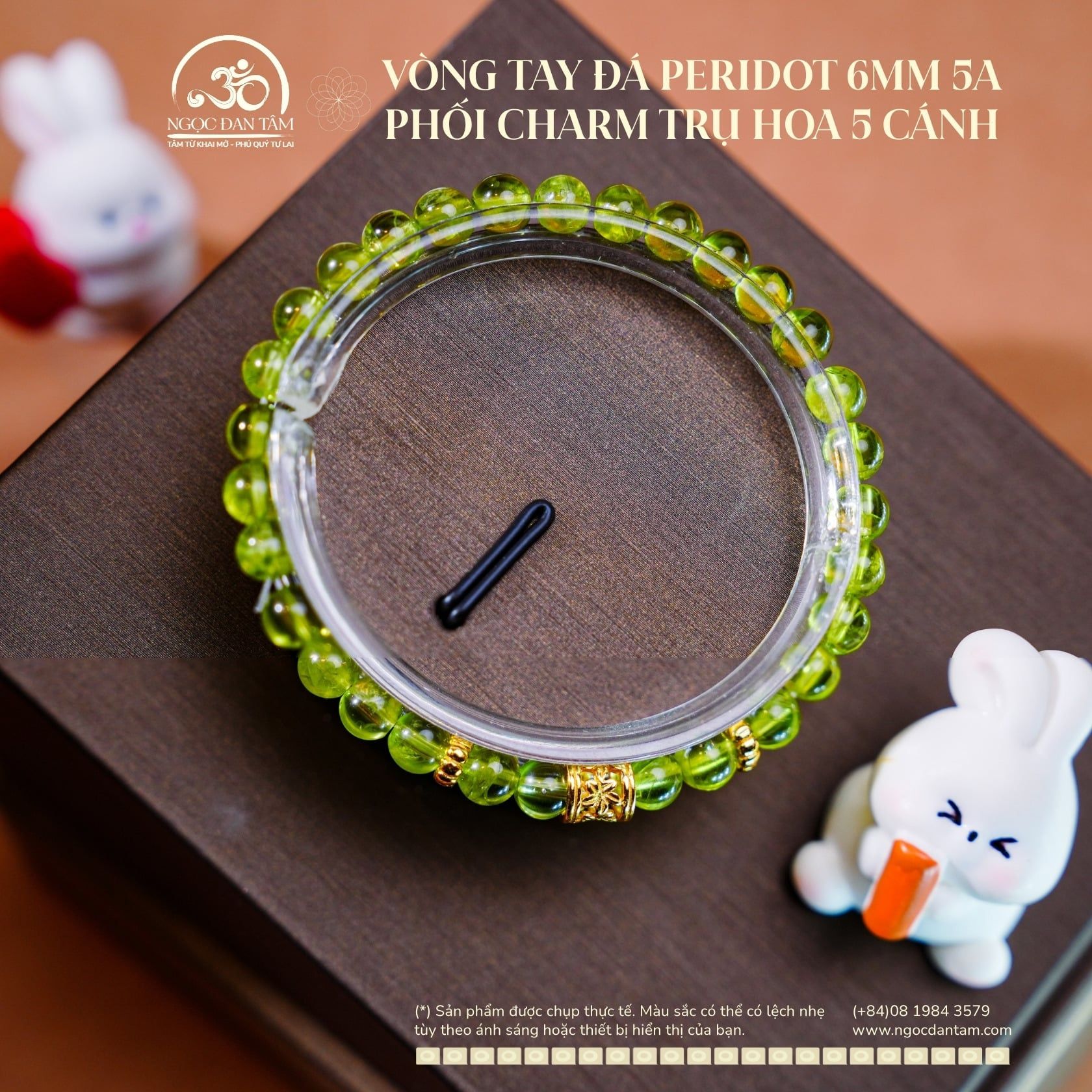  Vòng Tay Đá Peridot 6mm 5A Phối Charm Trụ Hoa 5 Cánh 