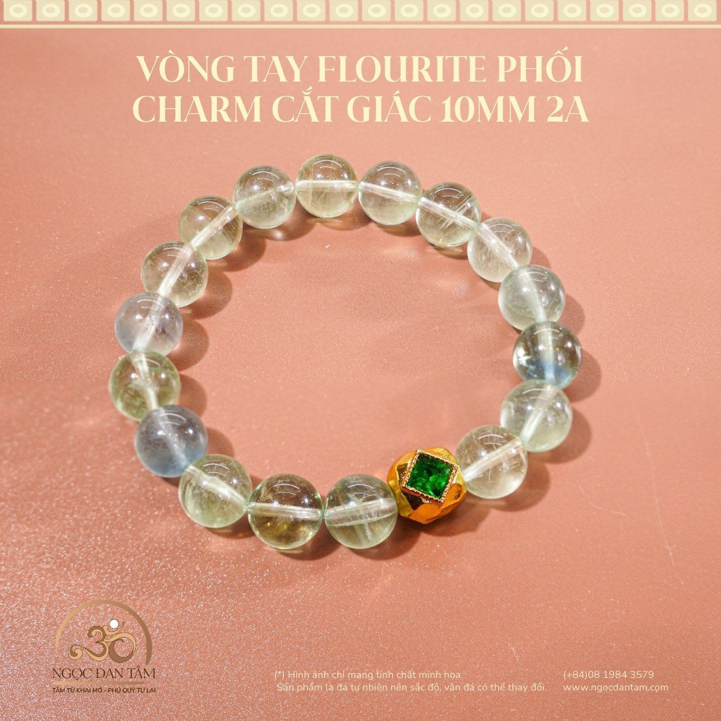  Vòng Tay Flourite Phối Charm Cắt Giác 10mm 2A 