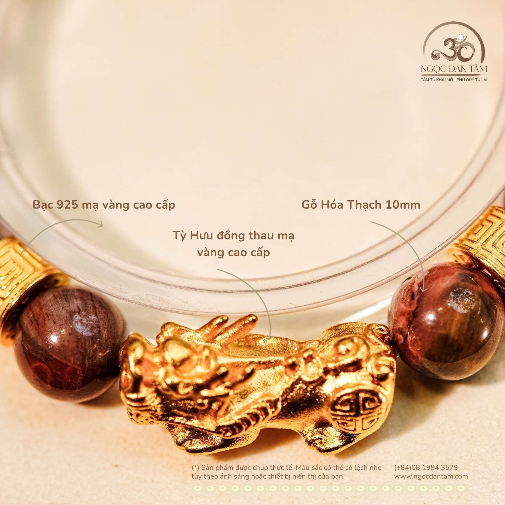 Vòng Tay Gỗ Hóa Thạch 10mm 2A Phối Charm Tỳ Hưu 