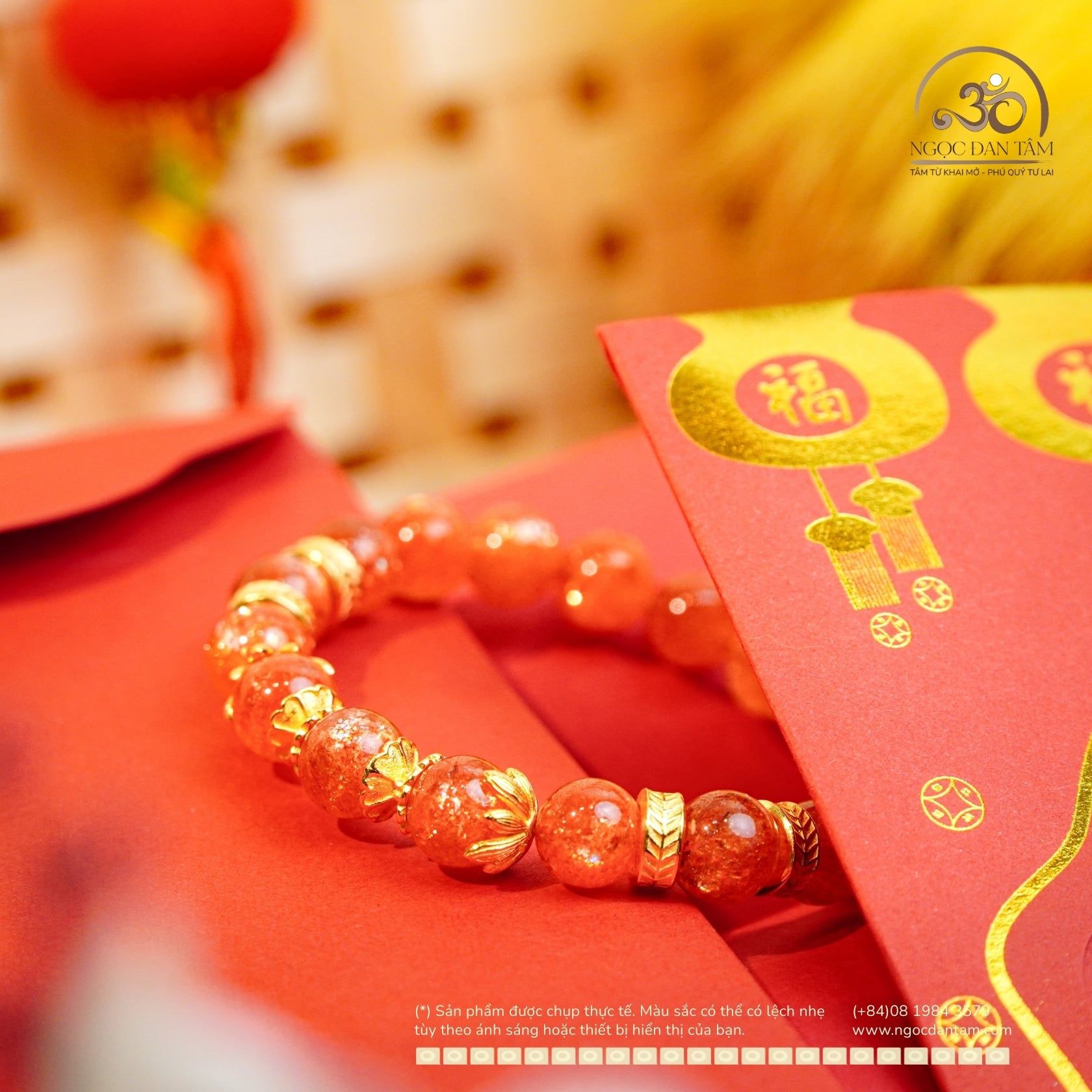  Vòng Tay Hồng Nhật Vận VIP 8-9mm phối charm 