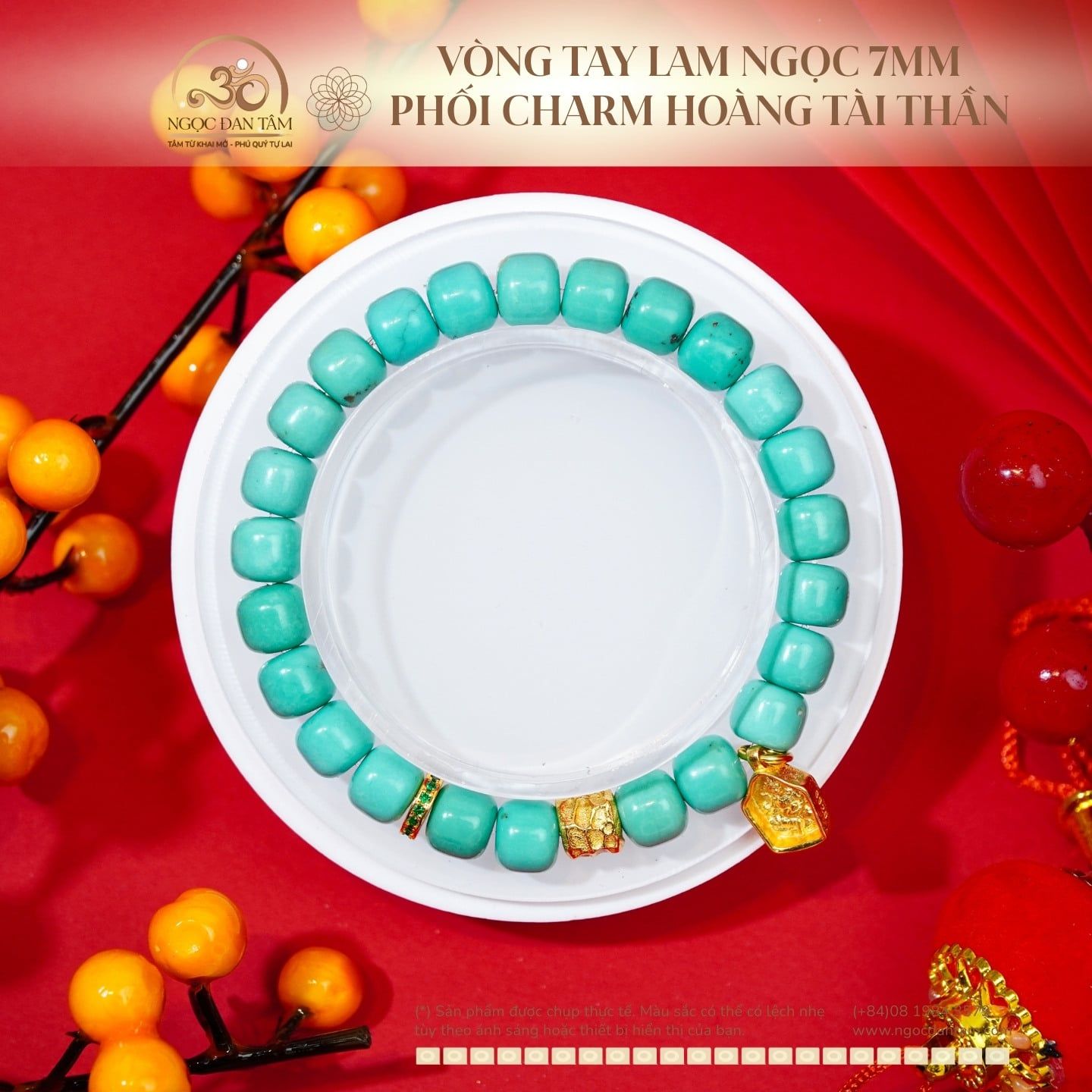  Vòng Tay Lam Ngọc 7mm Phối Charm Hoàng Tài Thần 