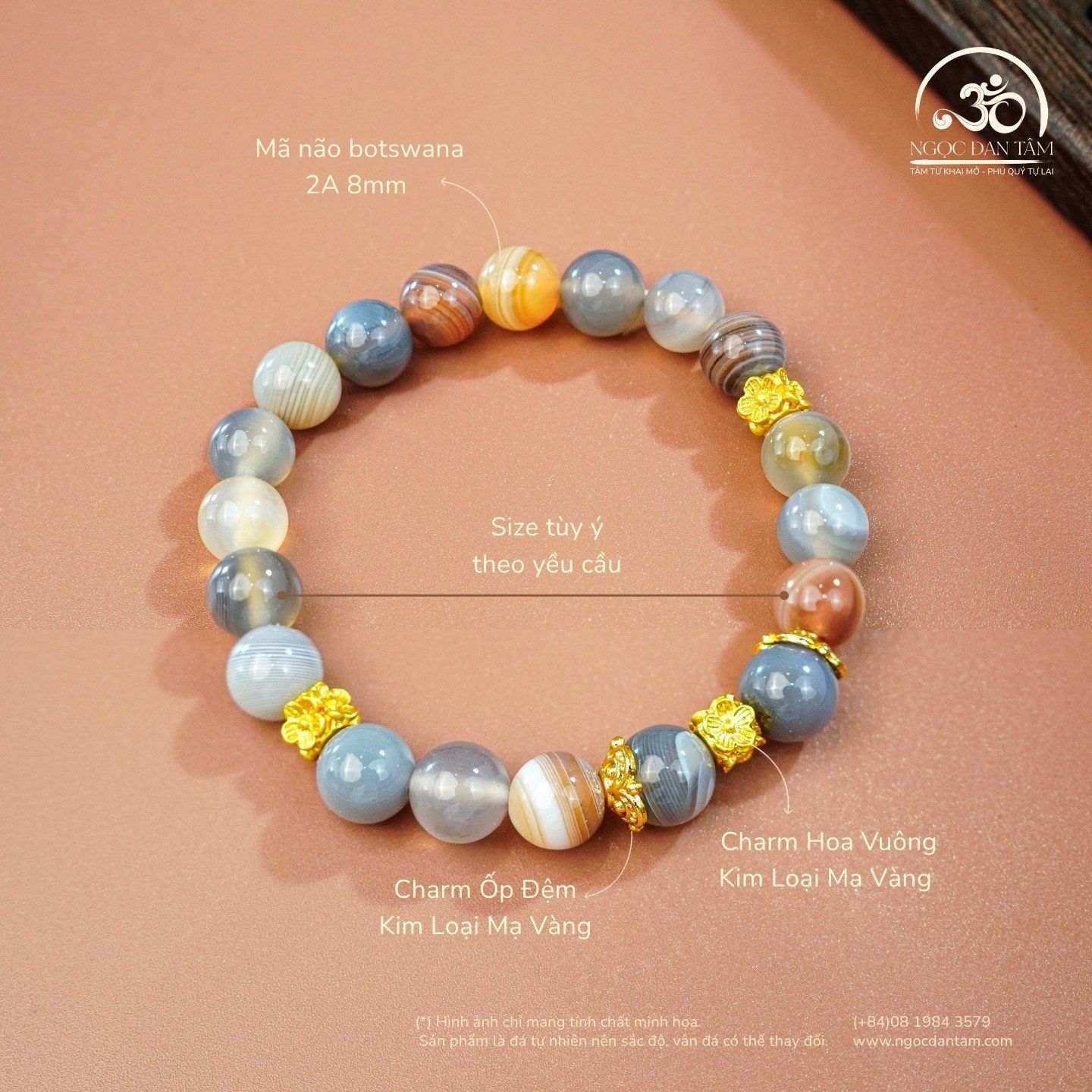 Vòng Tay Mã Não Botswana 2A - 8mm Phối Charm Hoa Vuông 