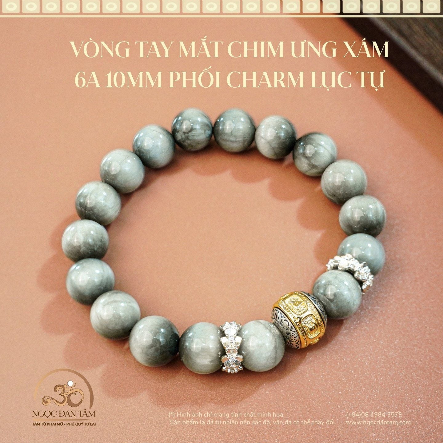  Vòng Tay Mắt Chim Ưng Xám 6A-10mm Phối Charm Lục Tự 