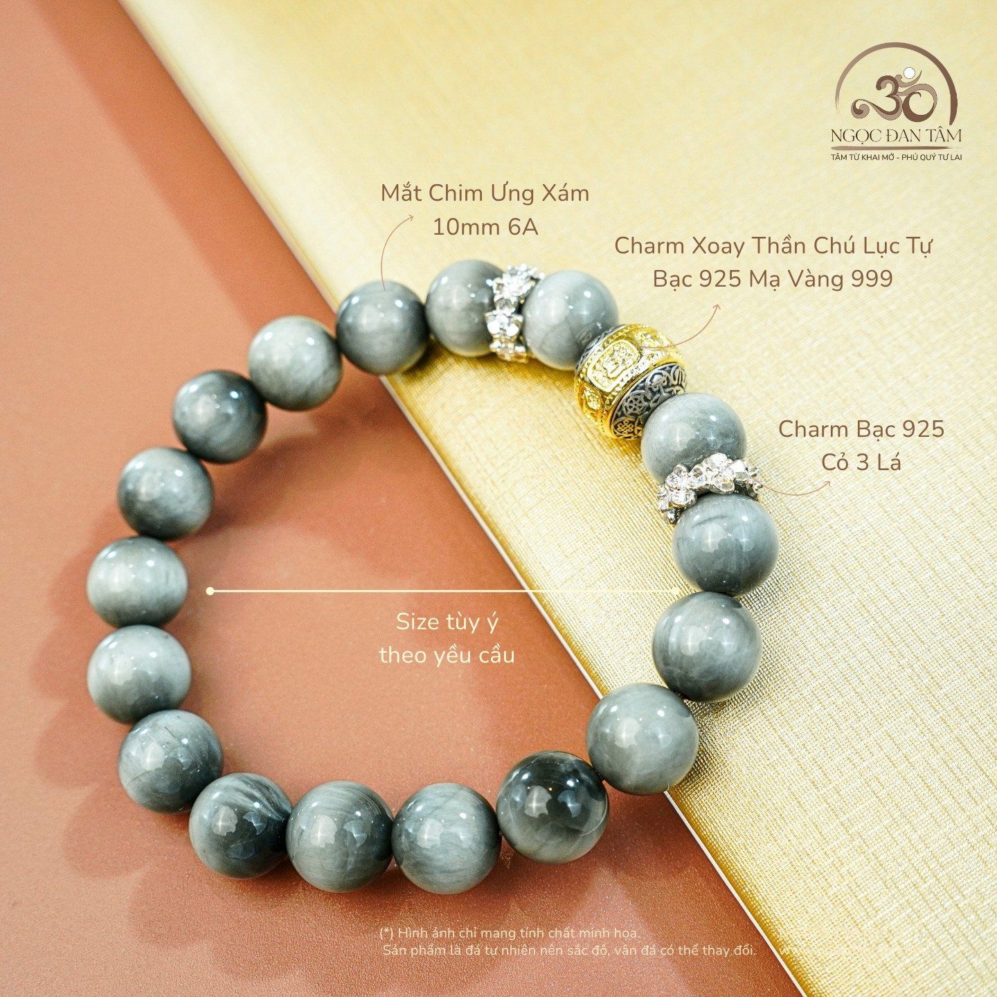  Vòng Tay Mắt Chim Ưng Xám 6A-10mm Phối Charm Lục Tự 