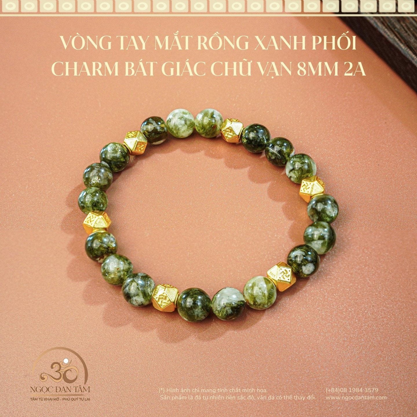  Vòng Tay Đá Mắt Rồng Xanh Phối Charm Bát Giác Chữ Vạn 8mm 2A 