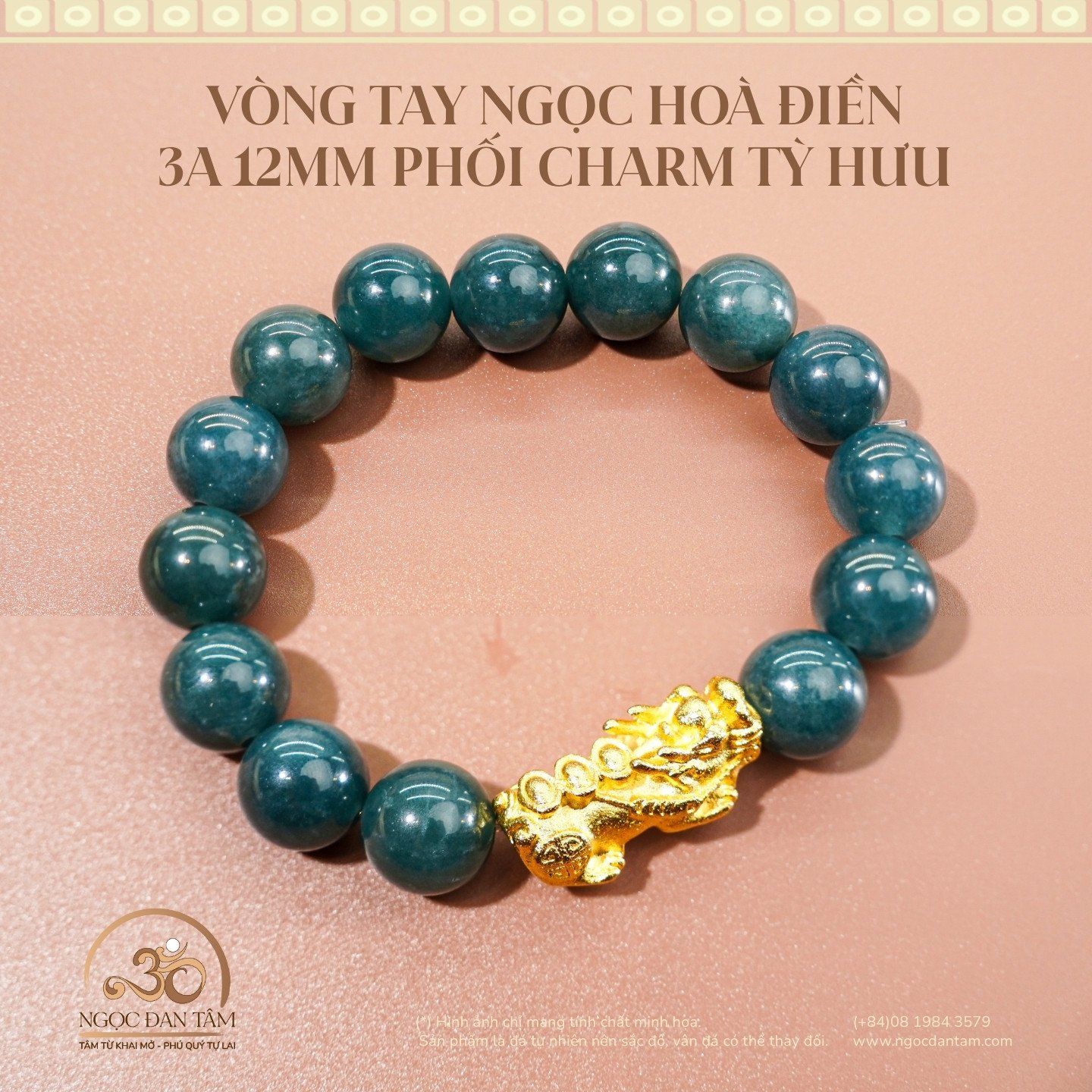  Vòng Tay Ngọc Hòa Điền 3A - 12mm Phối Charm Tỳ Hưu 