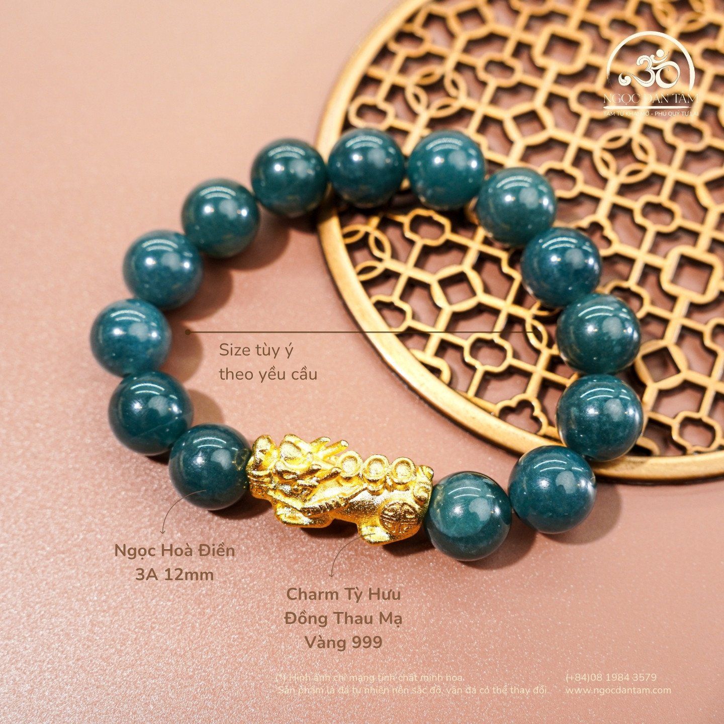  Vòng Tay Ngọc Hòa Điền 3A - 12mm Phối Charm Tỳ Hưu 