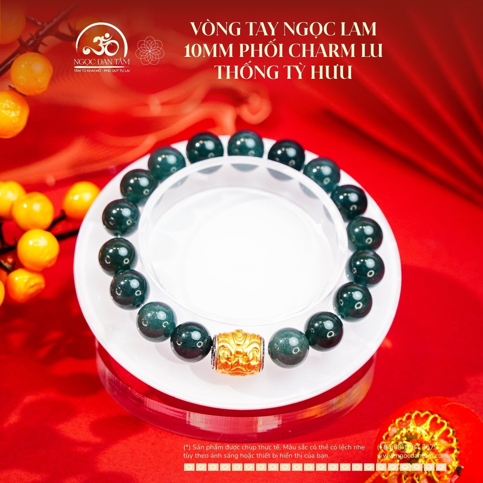  Vòng Tay Ngọc Lam 10mm Phối Charm Lu Thống Tỳ Hưu 