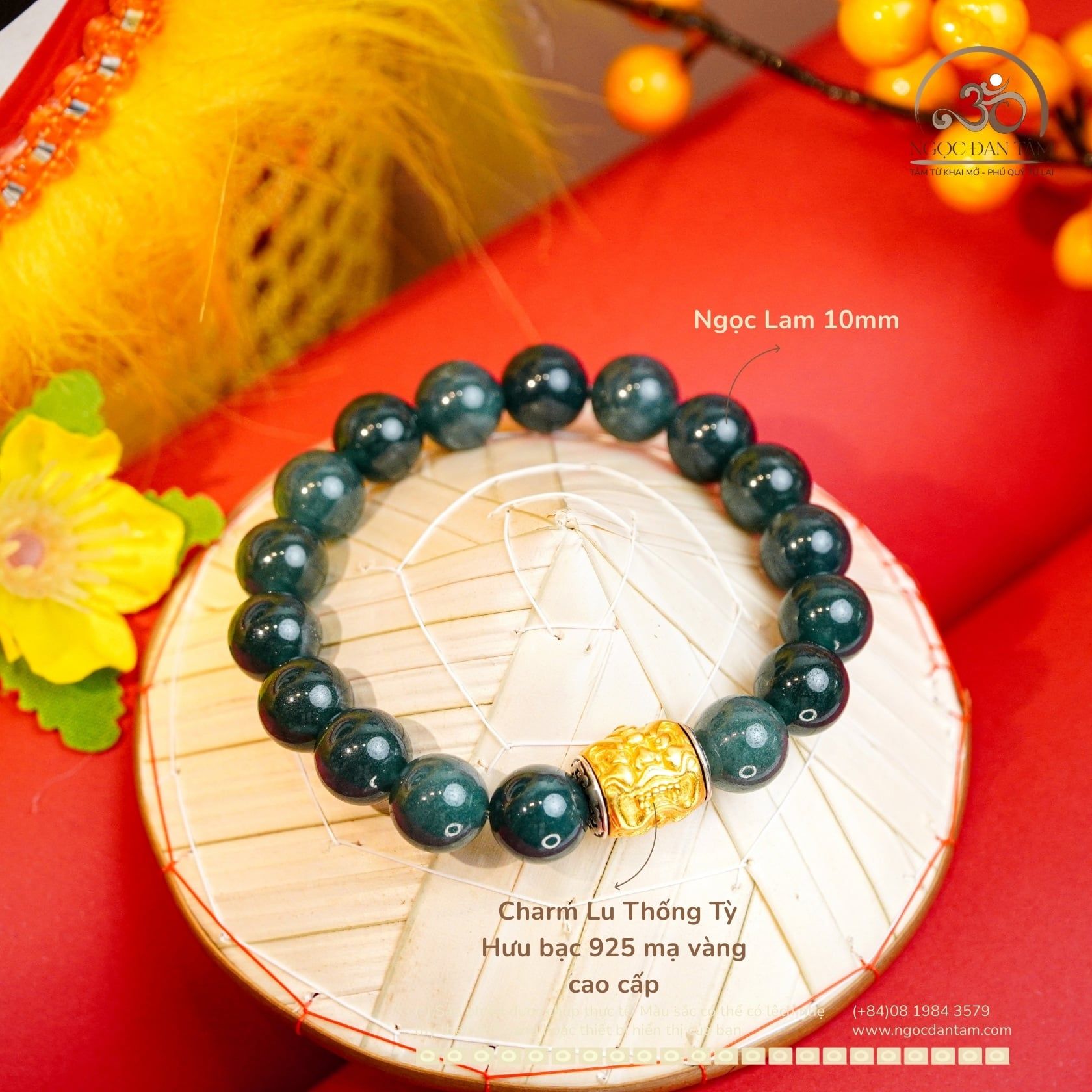  Vòng Tay Ngọc Lam 10mm Phối Charm Lu Thống Tỳ Hưu 