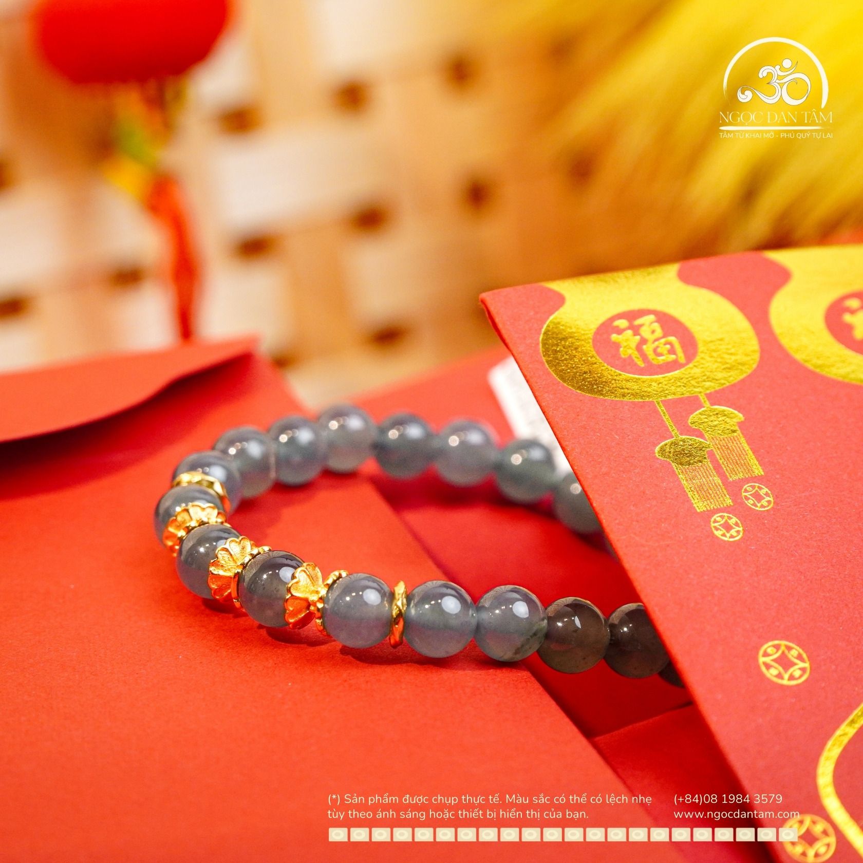  Vòng Tay Ngọc Lam Băng 7,8mm Phối Charm Đài Sen 