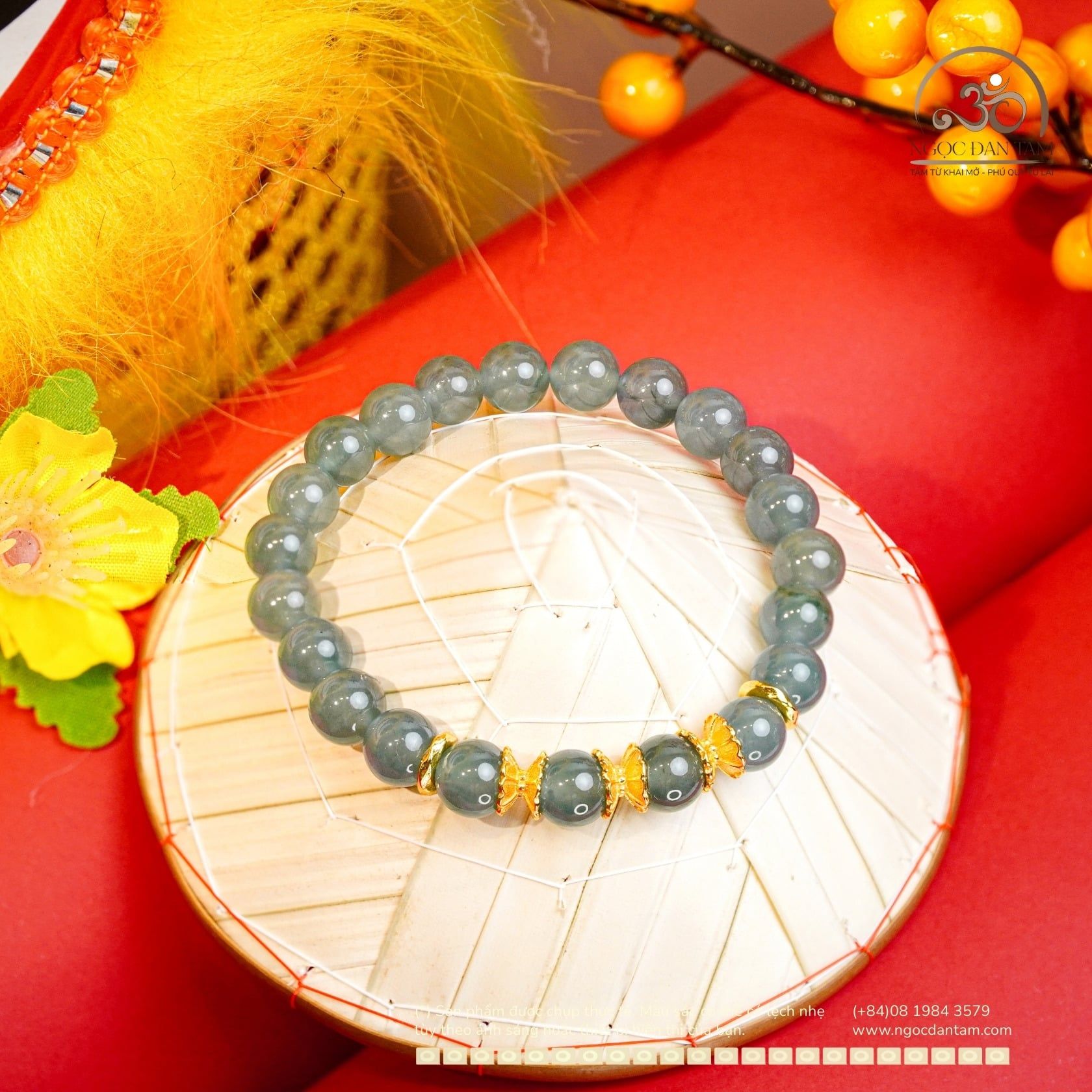  Vòng Tay Ngọc Lam Băng 7,8mm Phối Charm Đài Sen 