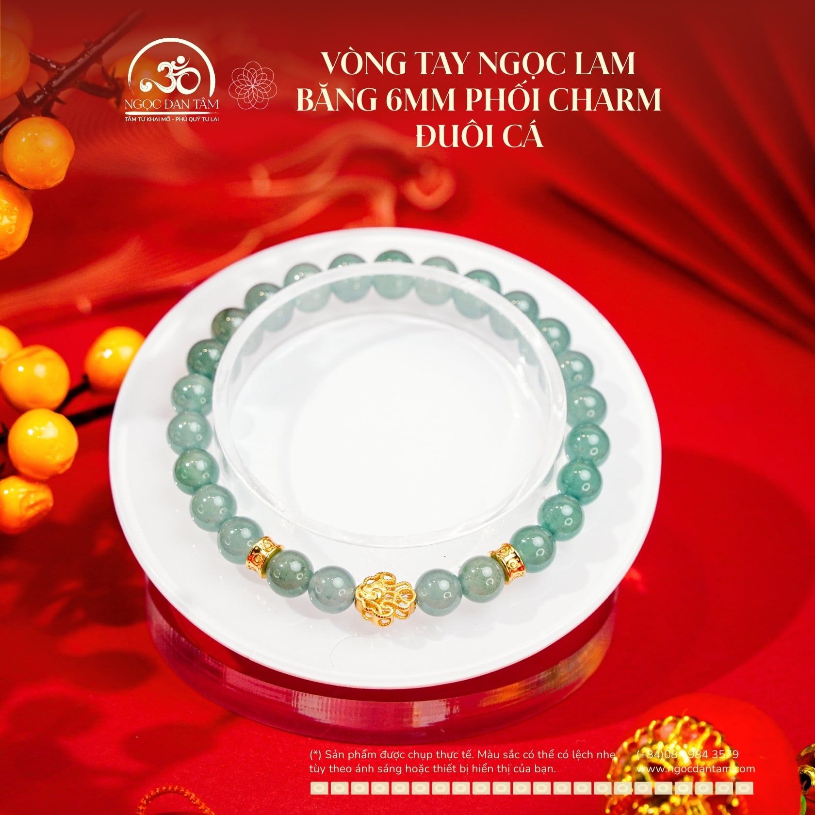  Vòng Tay ngọc Lam Băng 6mm Phối Charm Đuôi Cá 