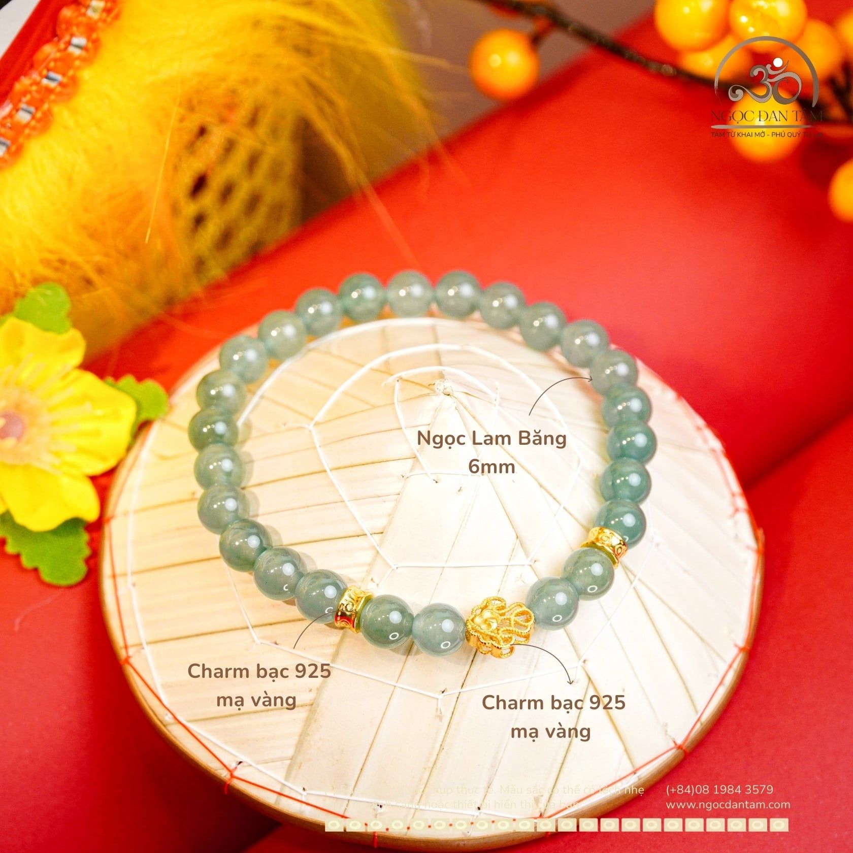  Vòng Tay ngọc Lam Băng 6mm Phối Charm Đuôi Cá 