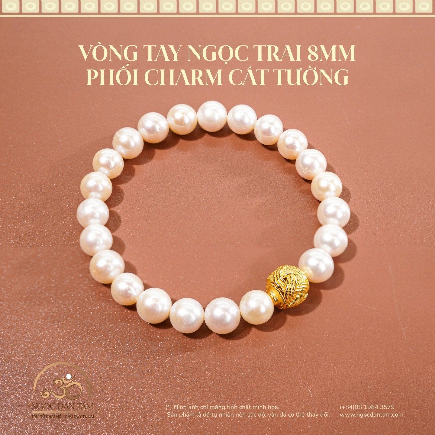  Vòng Tay Ngọc Trai 8mm Phối Charm Cát Tường 