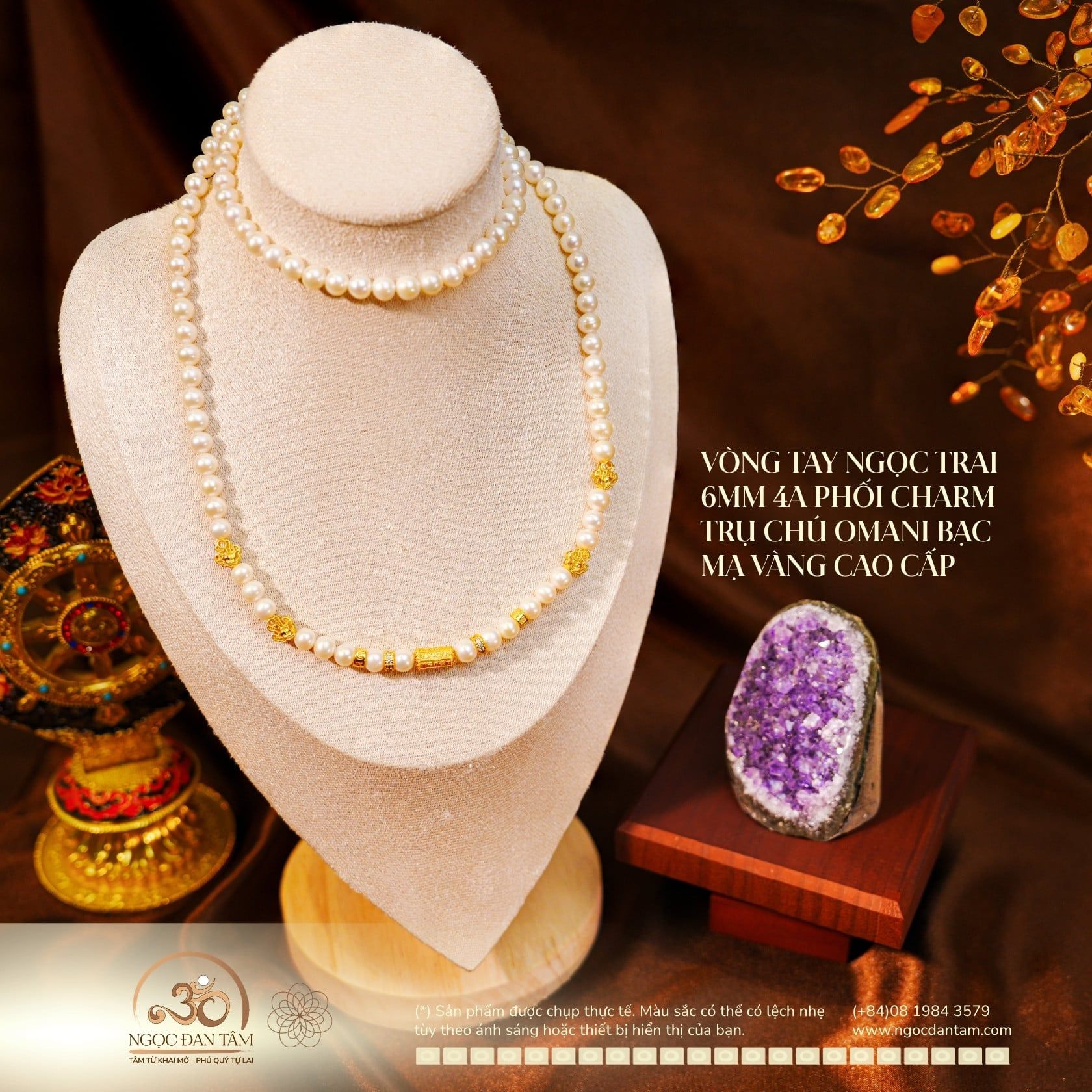 Vòng Cổ Ngọc Trai 6mm 4A Phối Charm Trụ Chú Omani Bạc 925 Mạ Vàng 