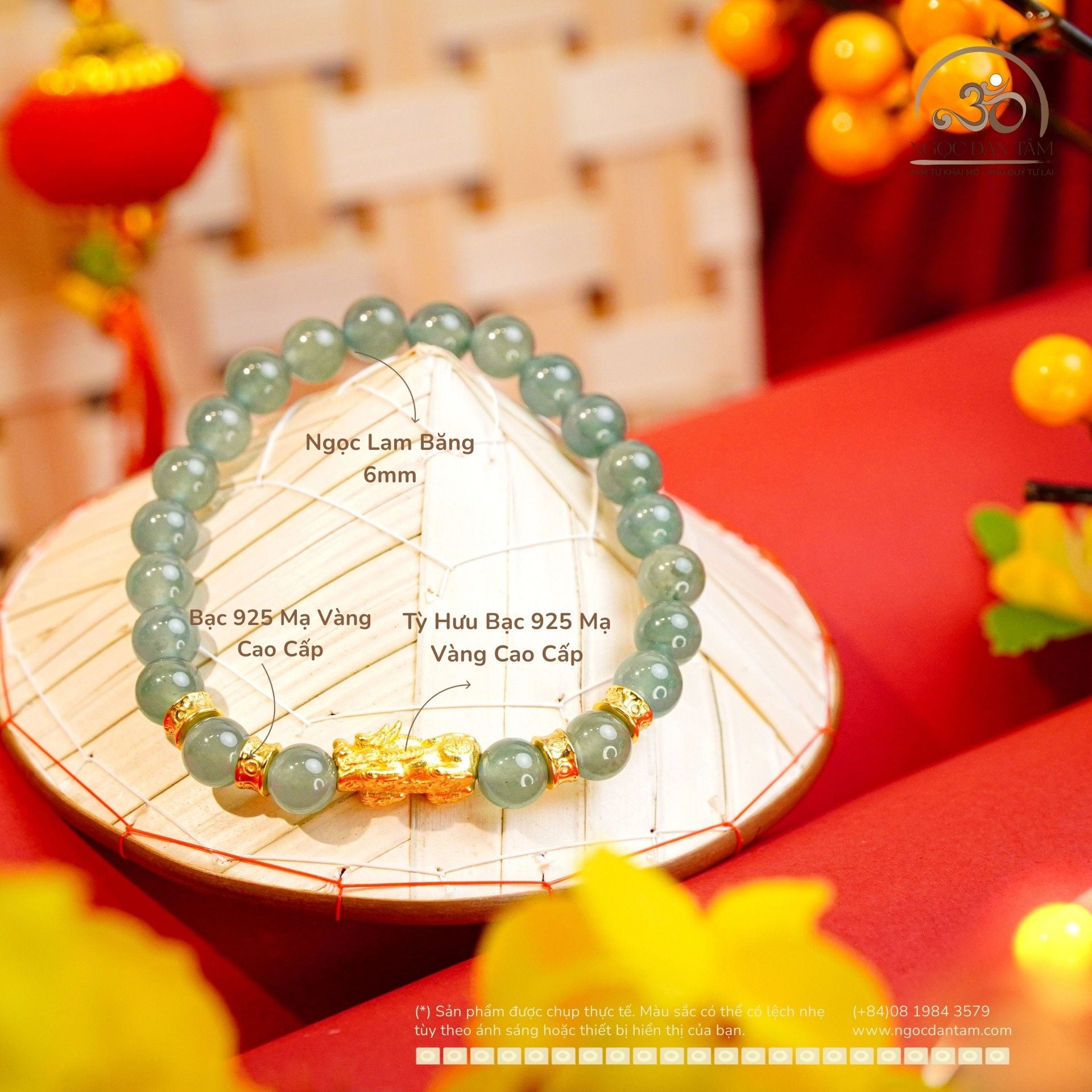  Vòng Tay Ngọc Lam Băng 6mm Phối Tỳ Hưu 