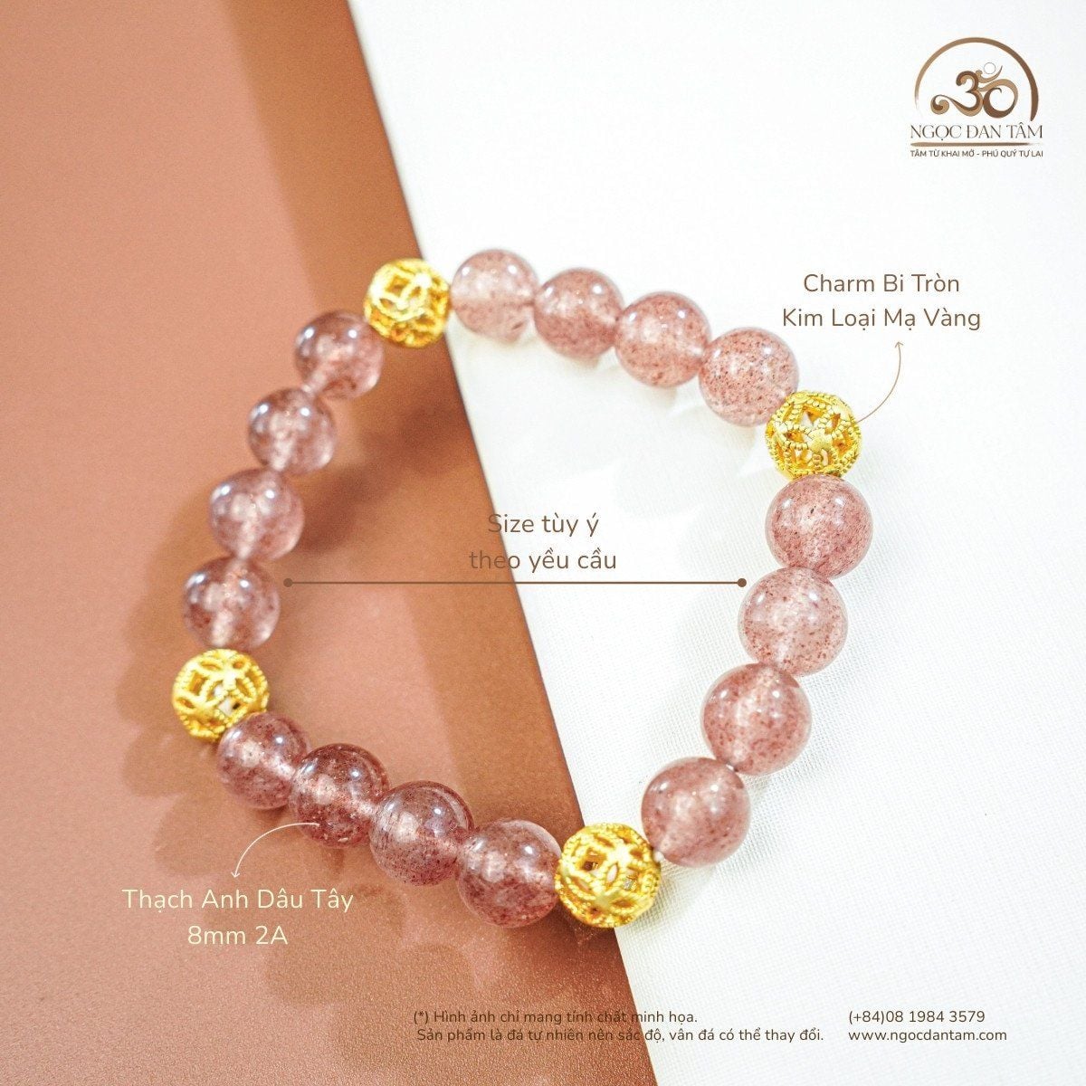  Vòng Tay Đá Thạch Anh Dâu Tây 8mm 2A Phối Charm Bi Tròn 