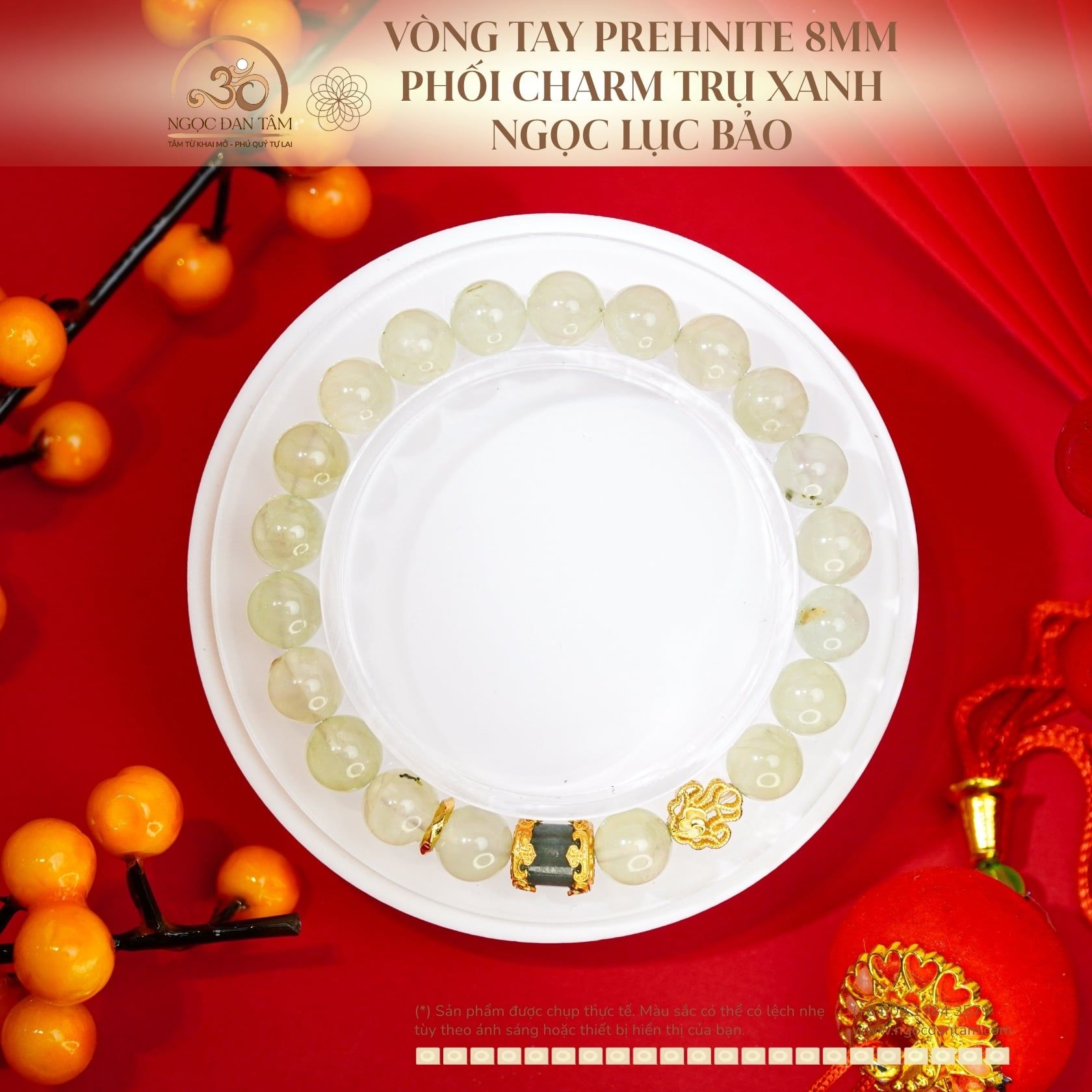  Vòng Tay Prehnite 8mm Phối Charm Trụ Xanh Ngọc Lục Bảo 