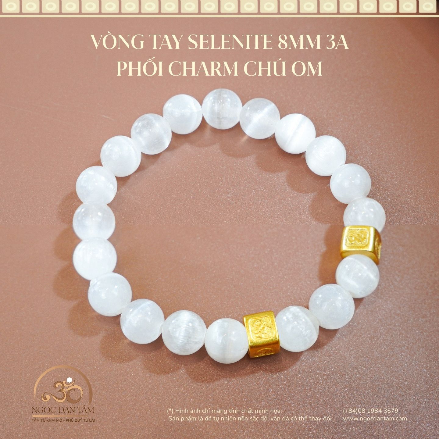  Vòng Tay Selenite 8mm 3A Phối Charm Chú Om 