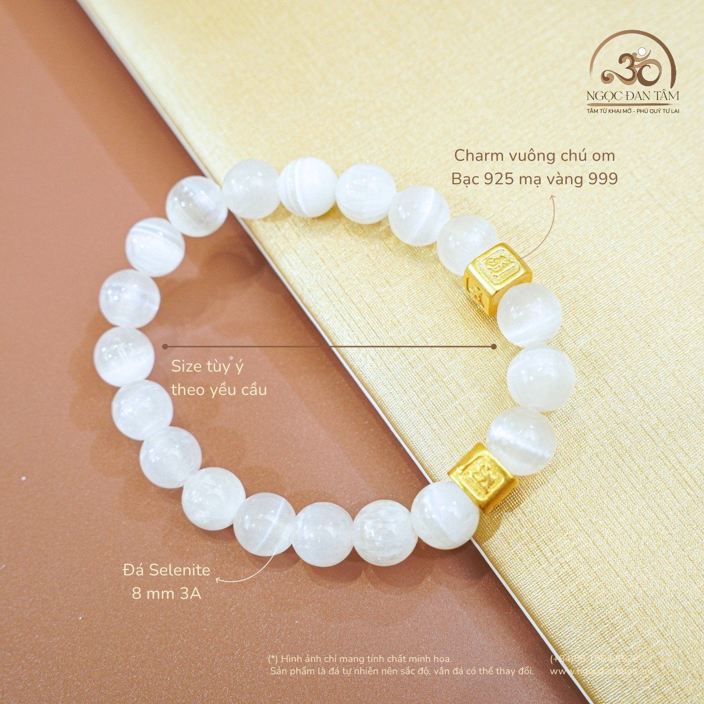  Vòng Tay Selenite 8mm 3A Phối Charm Chú Om 