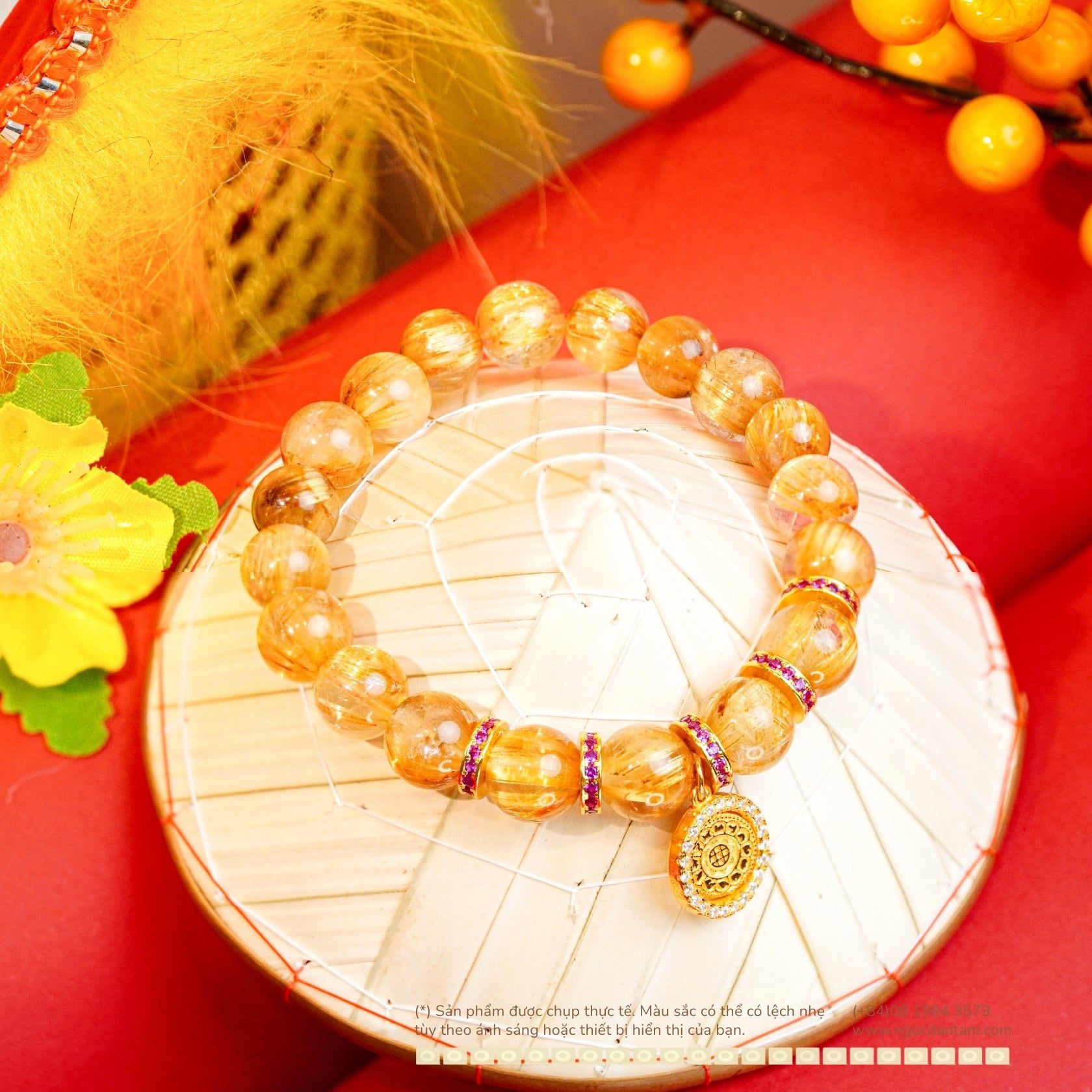  Vòng Tay Thạch Anh Tóc Vàng Đồng Trục Vip 8mm Phối Charm Đính Đá 