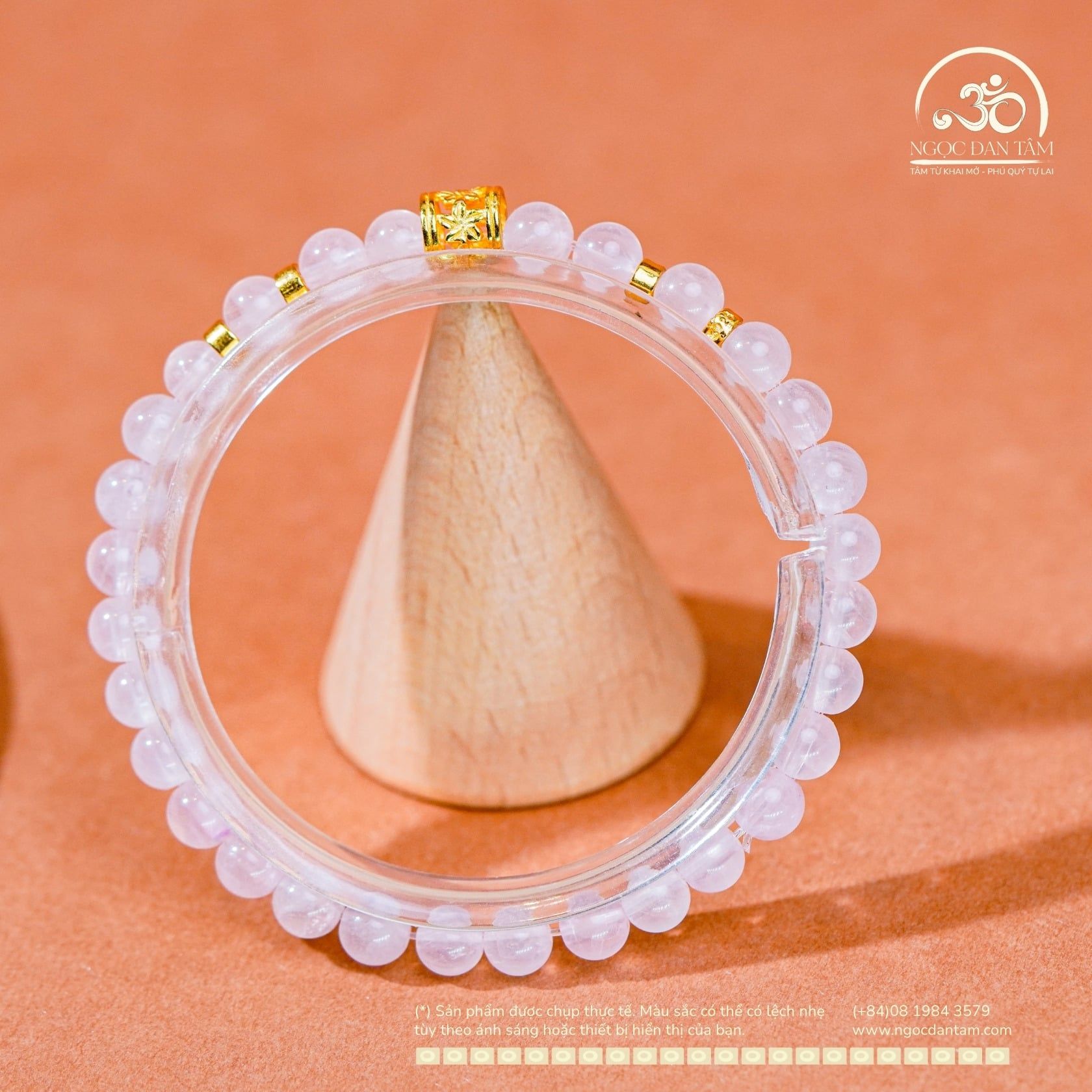  Vòng Tay Đá Thạch Anh Hồng 5mm 4A Phối Charm Trụ Hoa 5 Cánh 