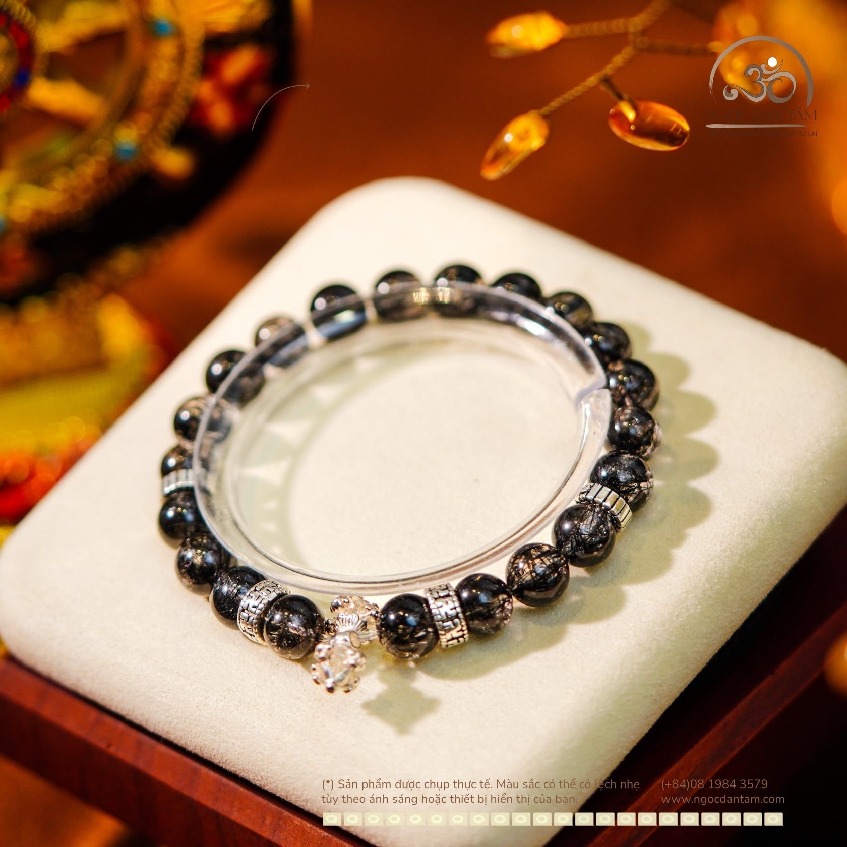  Vòng Tay Thạch Anh Tóc Đen VIP 8mm 8A Phối Charm Chùy Kim Cang 