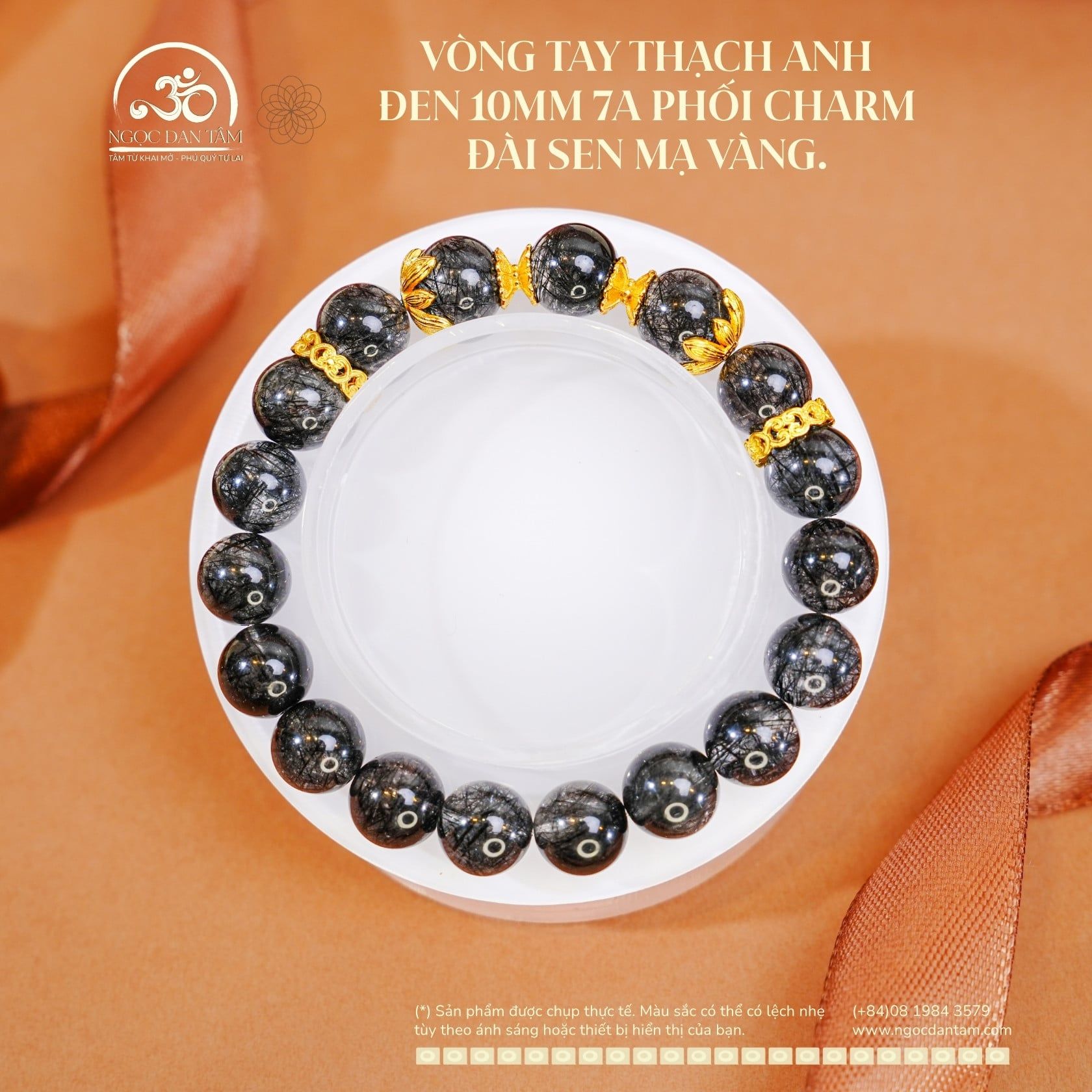  Vòng Tay Thạch Anh Đen 10mm 7A Phối Charm Đài Sen Mạ Vàng 