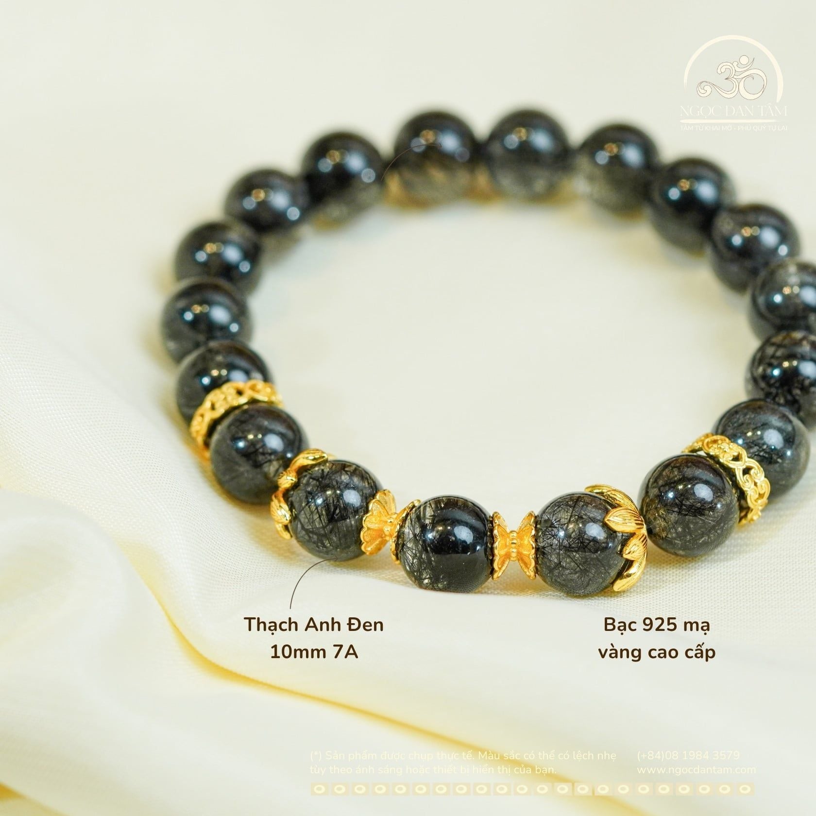  Vòng Tay Thạch Anh Đen 10mm 7A Phối Charm Đài Sen Mạ Vàng 