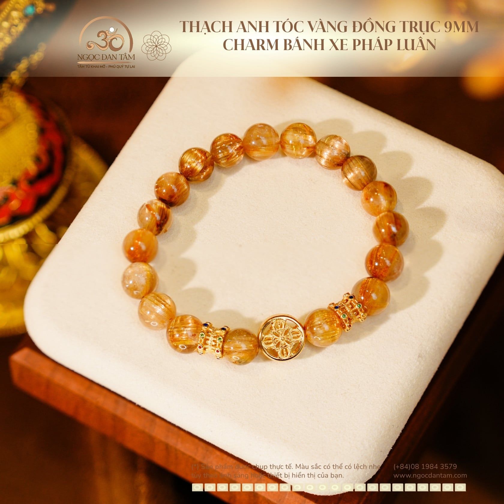  Vòng Tay Thạch Anh Tóc Vàng Đồng Trục VIP 9mm Phối Charm Bánh Xe Pháp Luân 