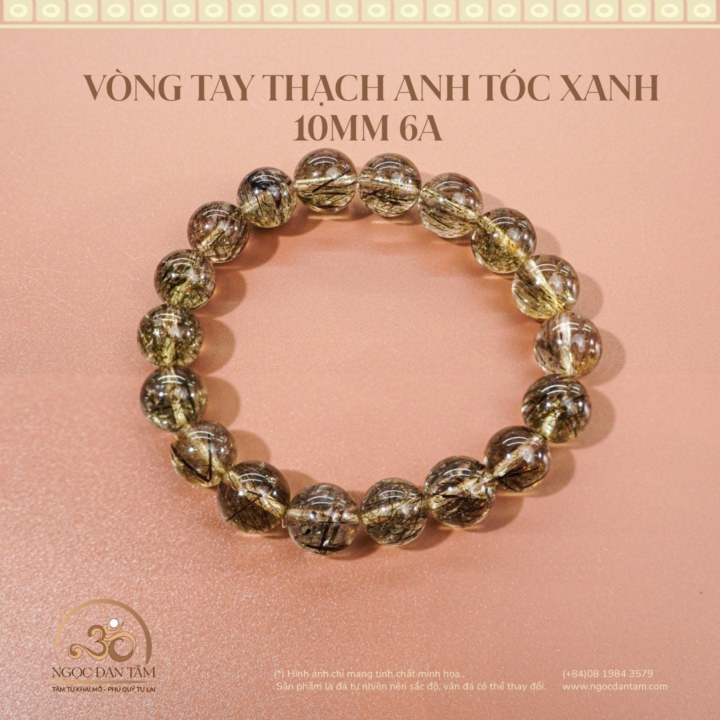  Vòng Tay Đá Thạch Anh Tóc Xanh 10mm 6A 