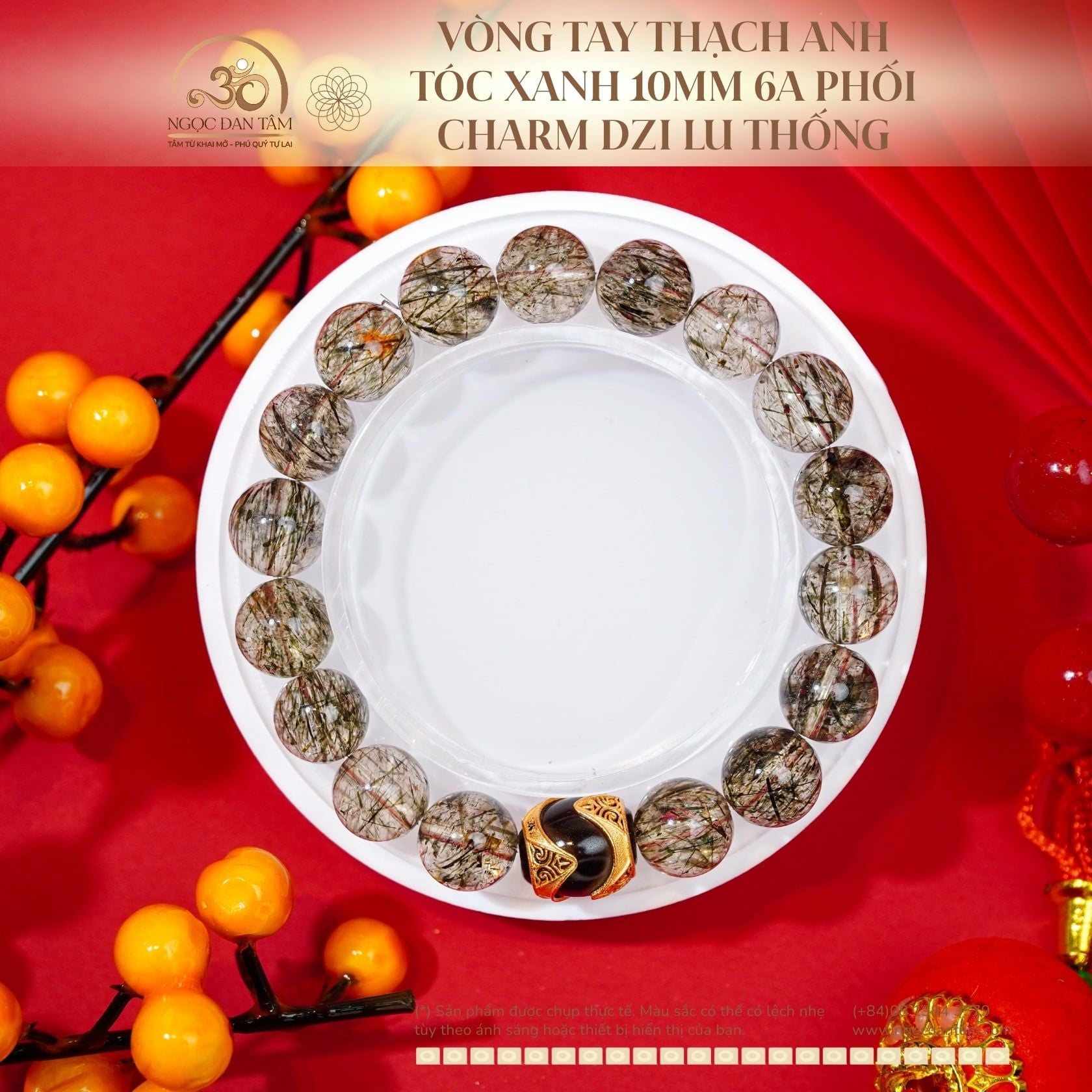  Vòng tay Thạch Anh Tóc Xanh 10mm 6A Phối Charm Dzi Lu Thống 