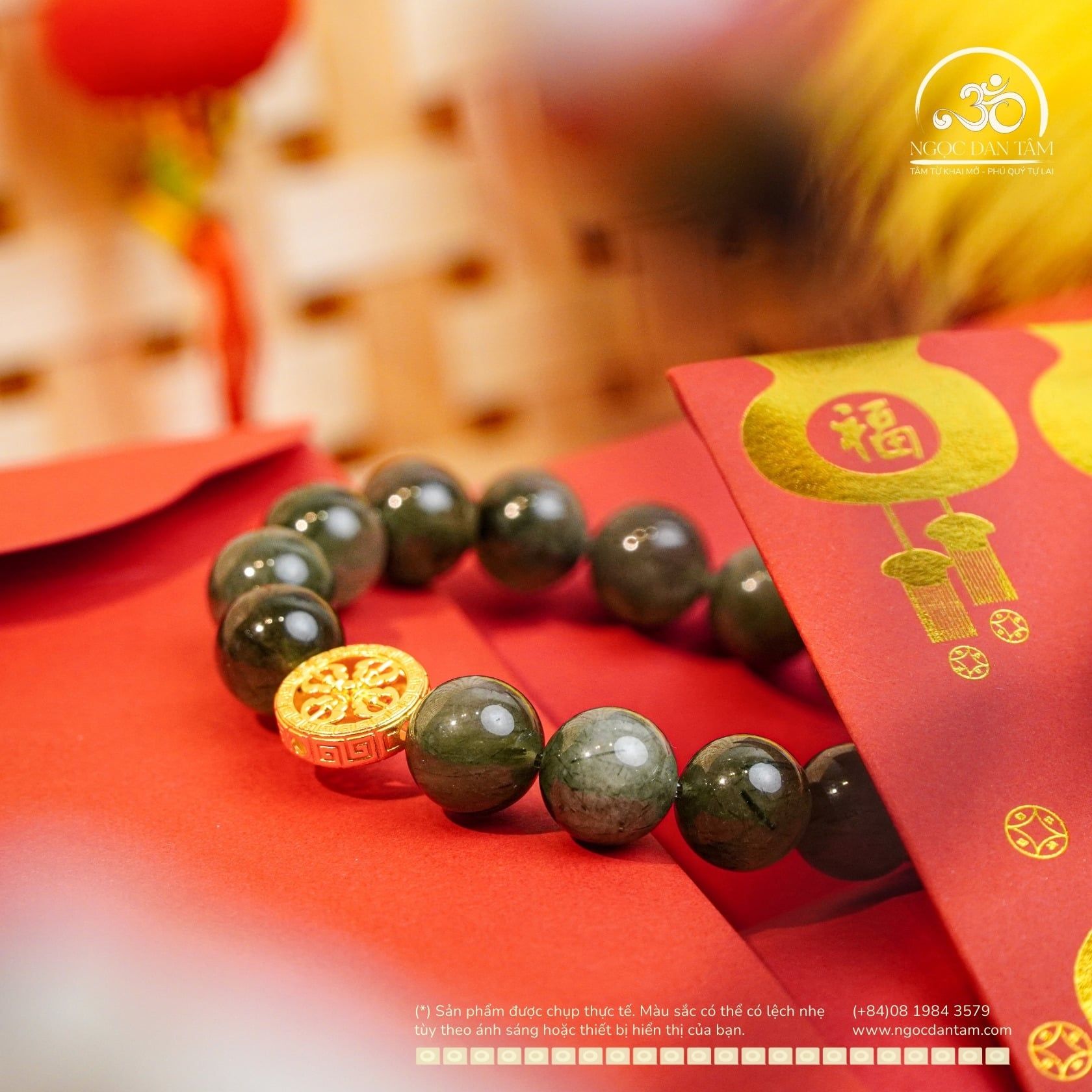  Vòng Tay Thạch Anh Tóc Xanh 11mm 4A Phối charm Bánh Xe Pháp Luân 