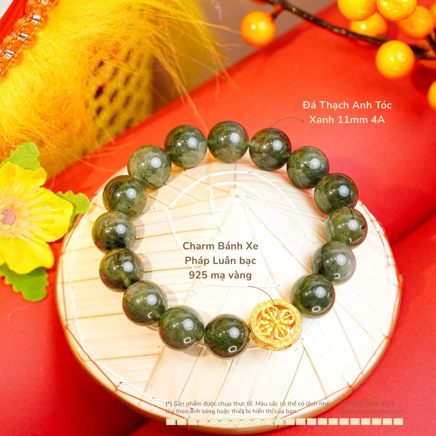  Vòng Tay Thạch Anh Tóc Xanh 11mm 4A Phối charm Bánh Xe Pháp Luân 