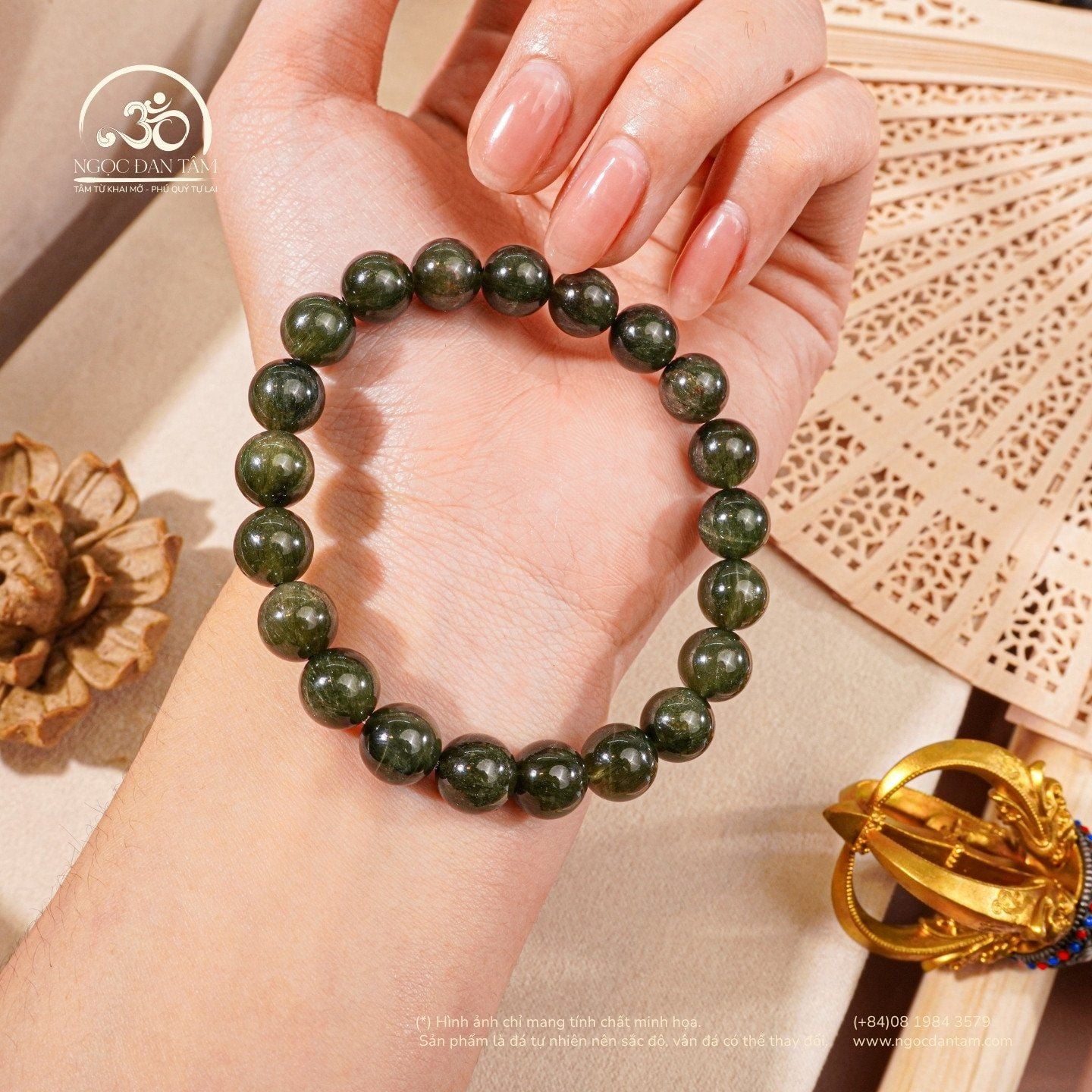  Vòng Tay Thạch Anh Tóc Xanh Đồng Trục Mây 9mm 