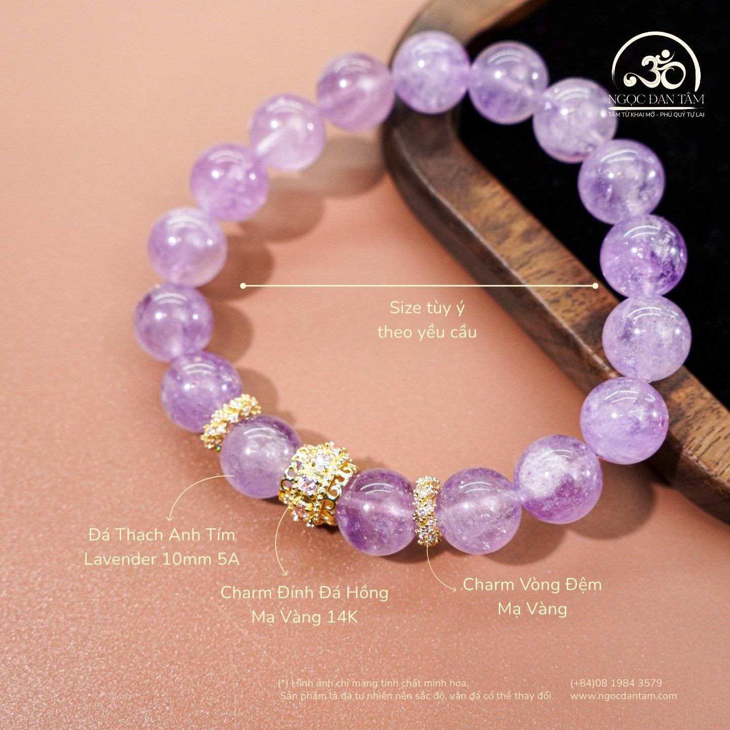  Vòng Tay Đá Thạch Anh Tím Lavender 10mm 5A Phối Charm Đính Đá 