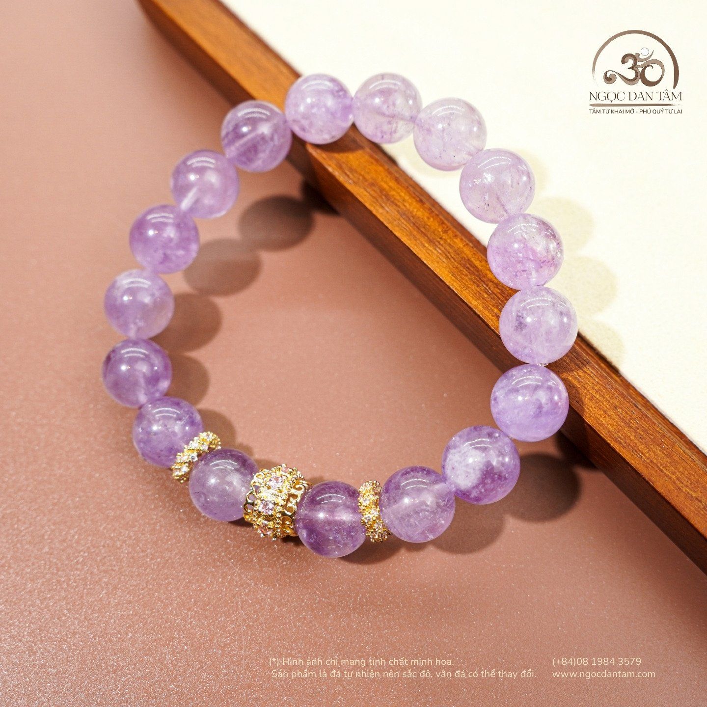  Vòng Tay Đá Thạch Anh Tím Lavender 10mm 5A Phối Charm Đính Đá 