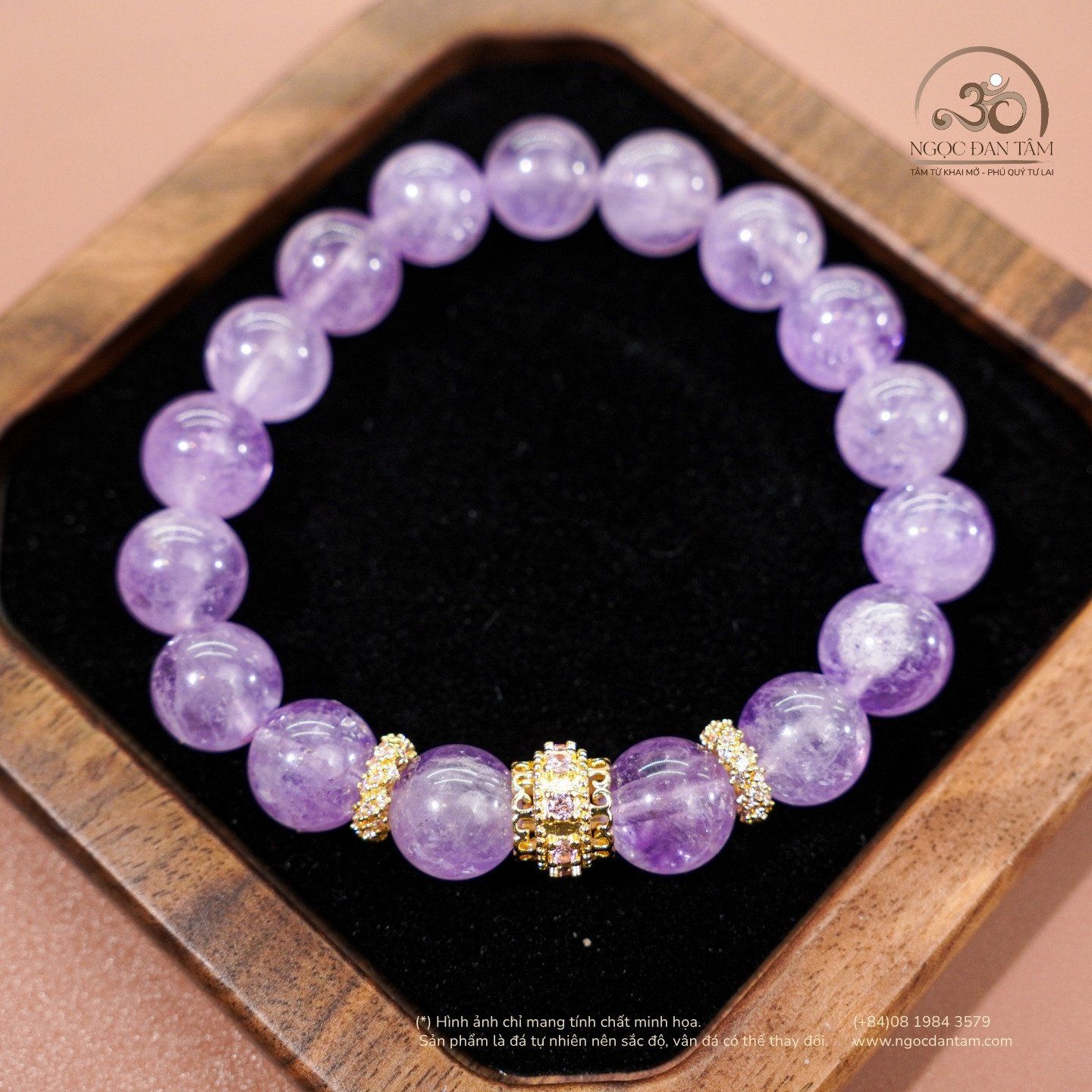  Vòng Tay Đá Thạch Anh Tím Lavender 10mm 5A Phối Charm Đính Đá 