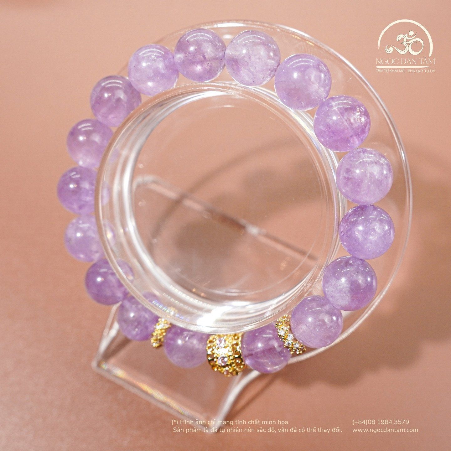  Vòng Tay Đá Thạch Anh Tím Lavender 10mm 5A Phối Charm Đính Đá 