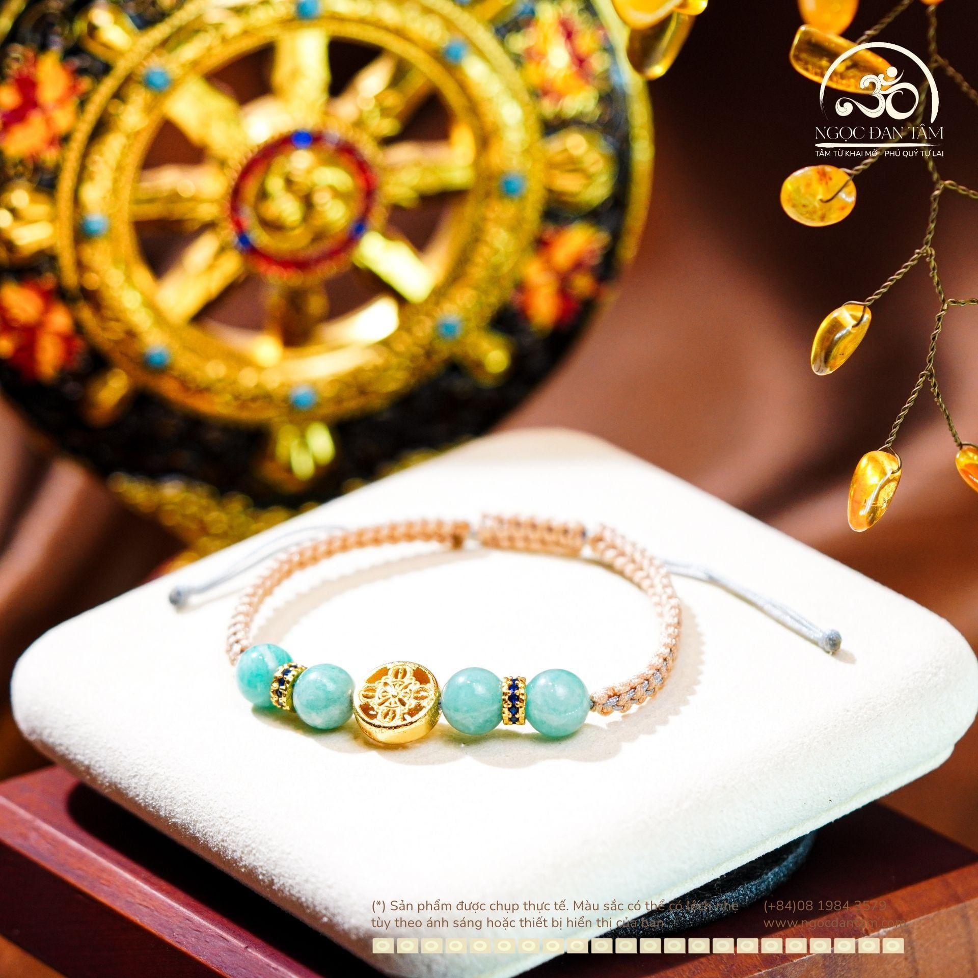  Vòng Tay Thắt Dây Amazonite 8mm 2A Phối Charm Bánh Xe Pháp Luân Bạc Mạ Vàng 