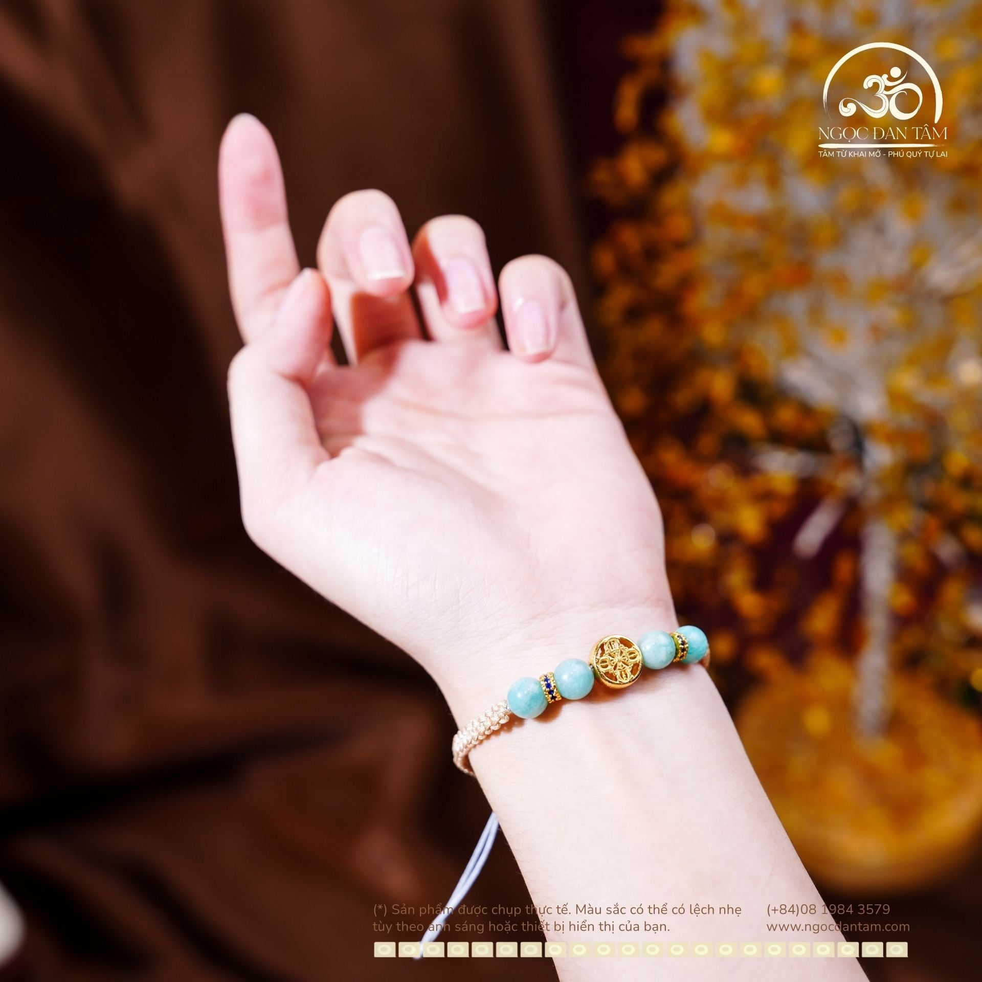  Vòng Tay Thắt Dây Amazonite 8mm 2A Phối Charm Bánh Xe Pháp Luân Bạc Mạ Vàng 
