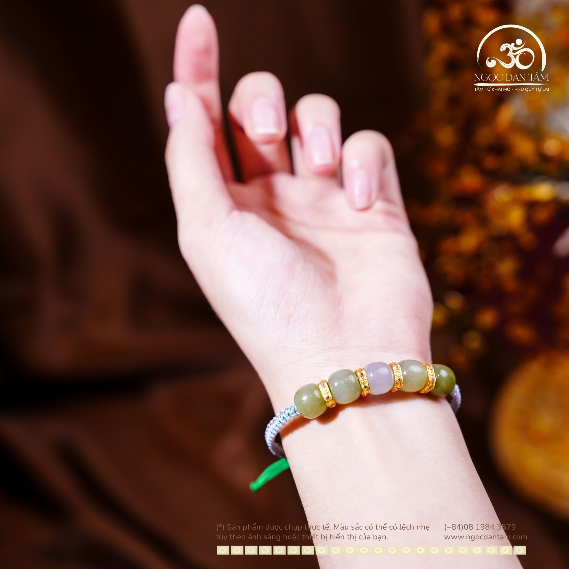  Vòng Tay Thắt Dây Cẩm Thạch A hạt Bầu 10mm Phối Charm Vuông Đính Đá 