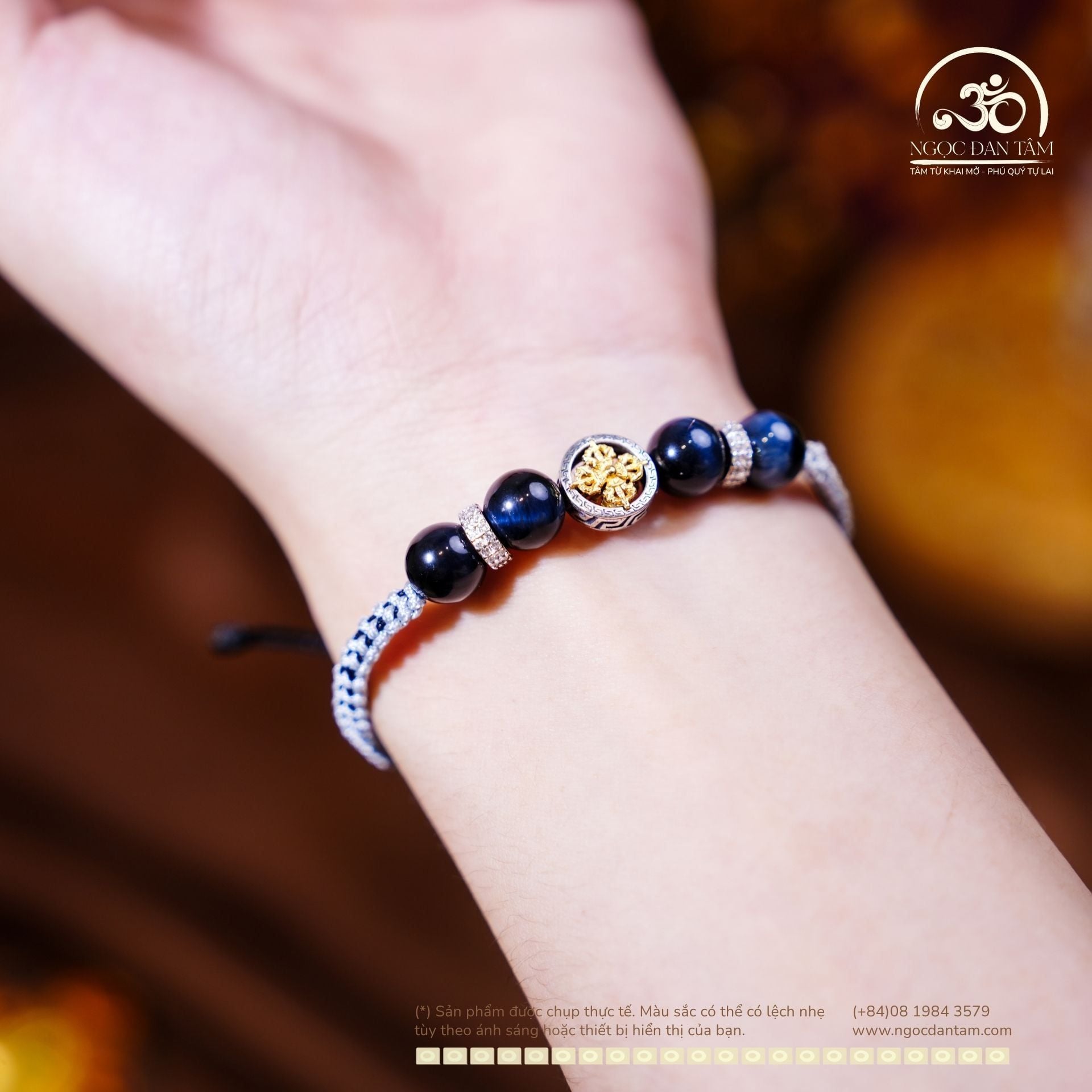  Vòng Tay Thắt Dây Mắt Chim Ưng 8mm 6A Phối Charm Bánh Xe Pháp Luân Nhỏ 