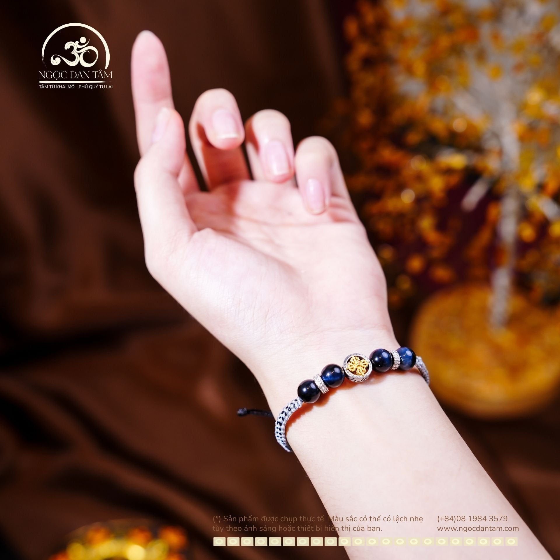  Vòng Tay Thắt Dây Mắt Chim Ưng 8mm 6A Phối Charm Bánh Xe Pháp Luân Nhỏ 