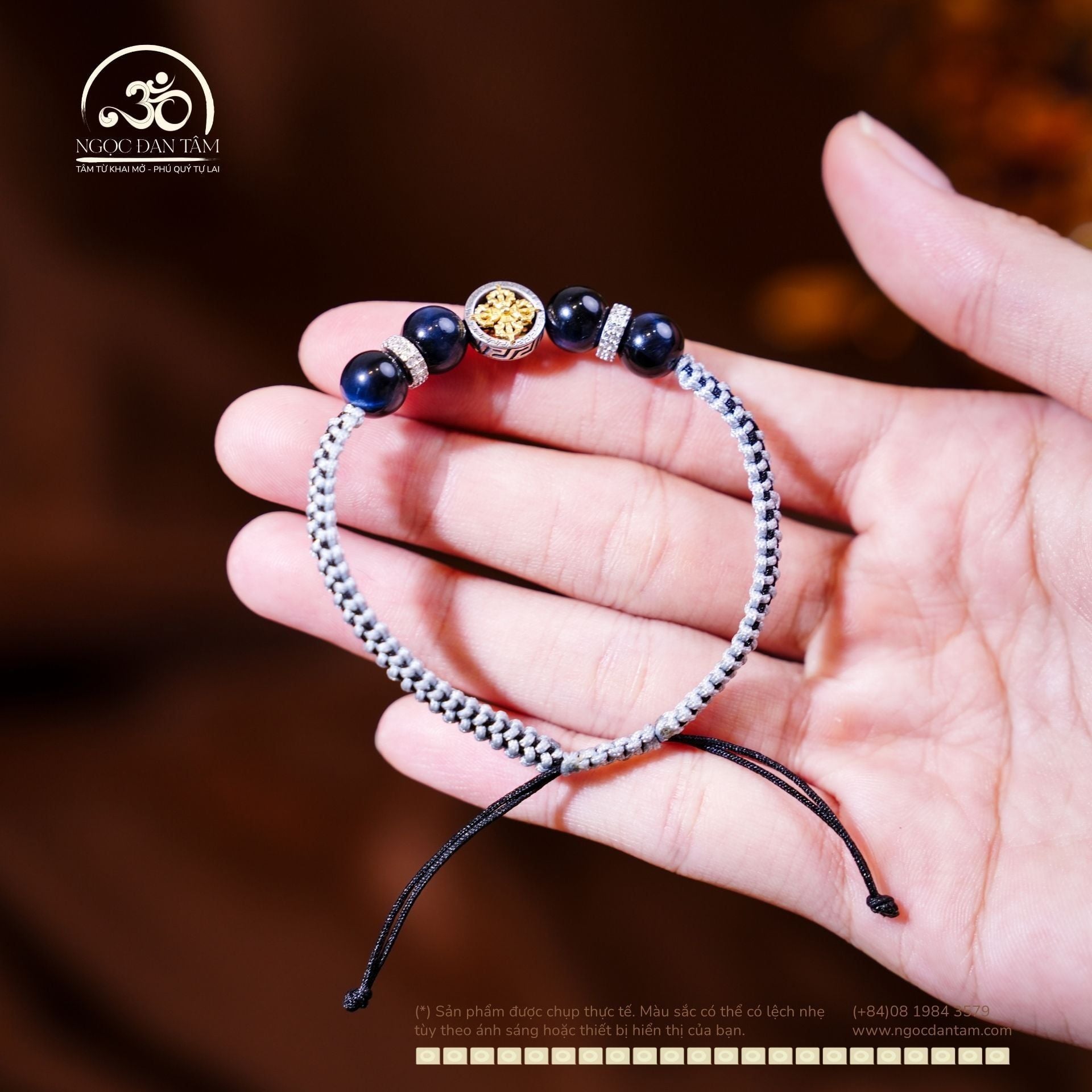  Vòng Tay Thắt Dây Mắt Chim Ưng 8mm 6A Phối Charm Bánh Xe Pháp Luân Nhỏ 