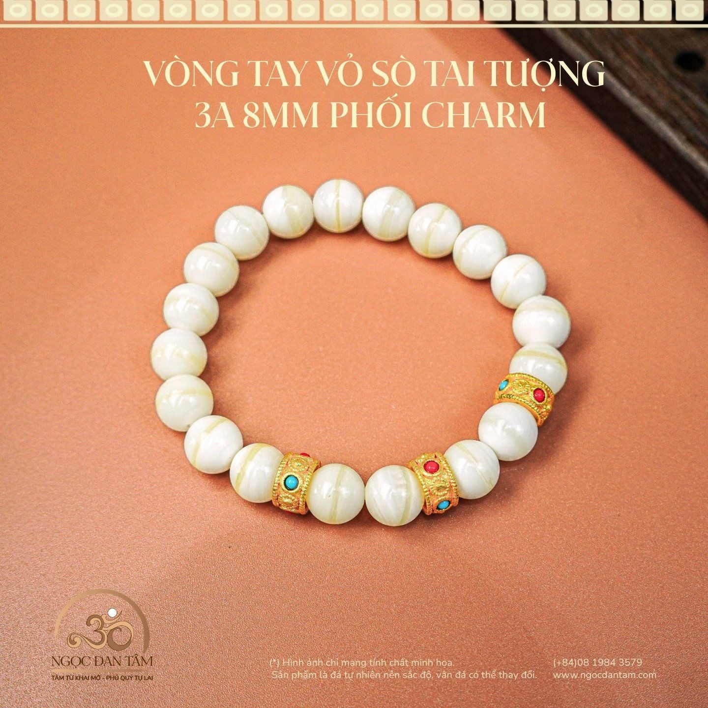  Vòng Tay Đá Vỏ Sò Tai Tượng 3A 8mm Phối Charm Tròn Dẹp 2 Màu 