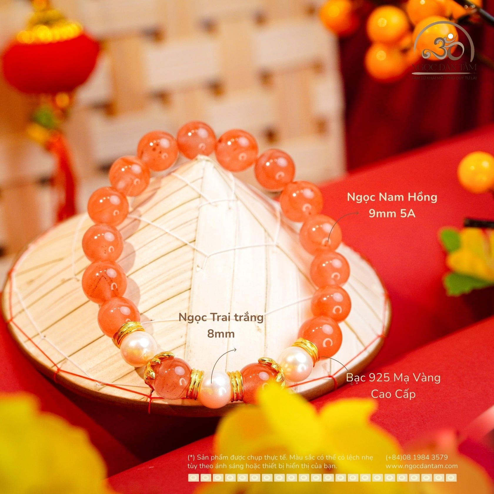  Vòng Tay Ngọc Nam Hồng 9mm Phối Ngọc Trai Trắng 8mm 