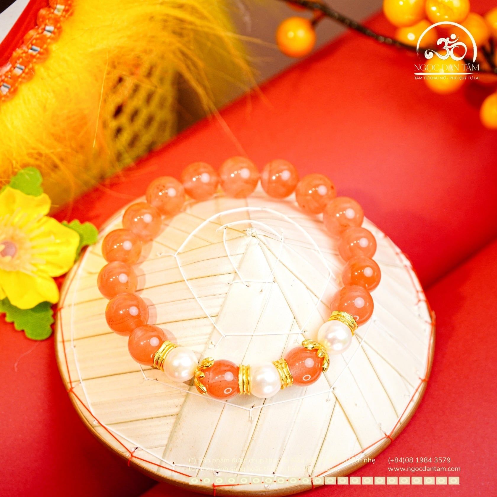  Vòng Tay Ngọc Nam Hồng 9mm Phối Ngọc Trai Trắng 8mm 